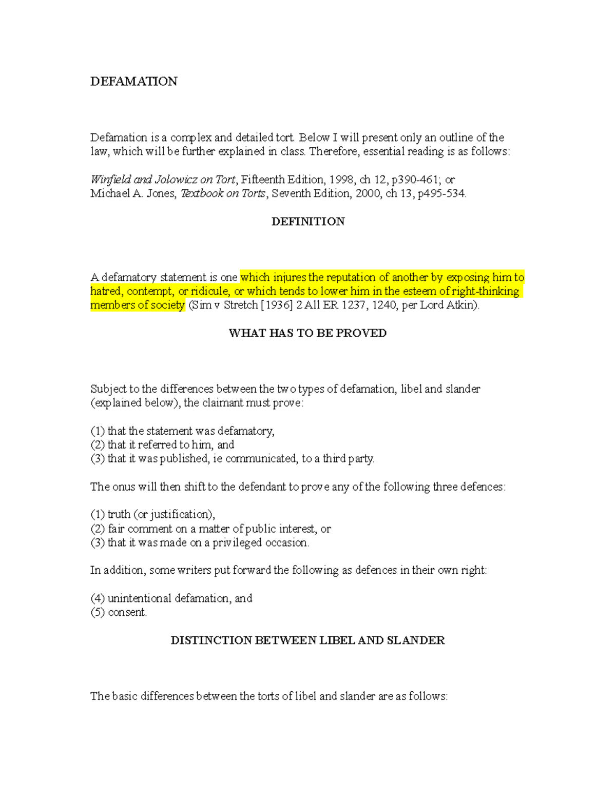 Defamation Law: Lecture Notes Overview and Key Concepts - Studocu