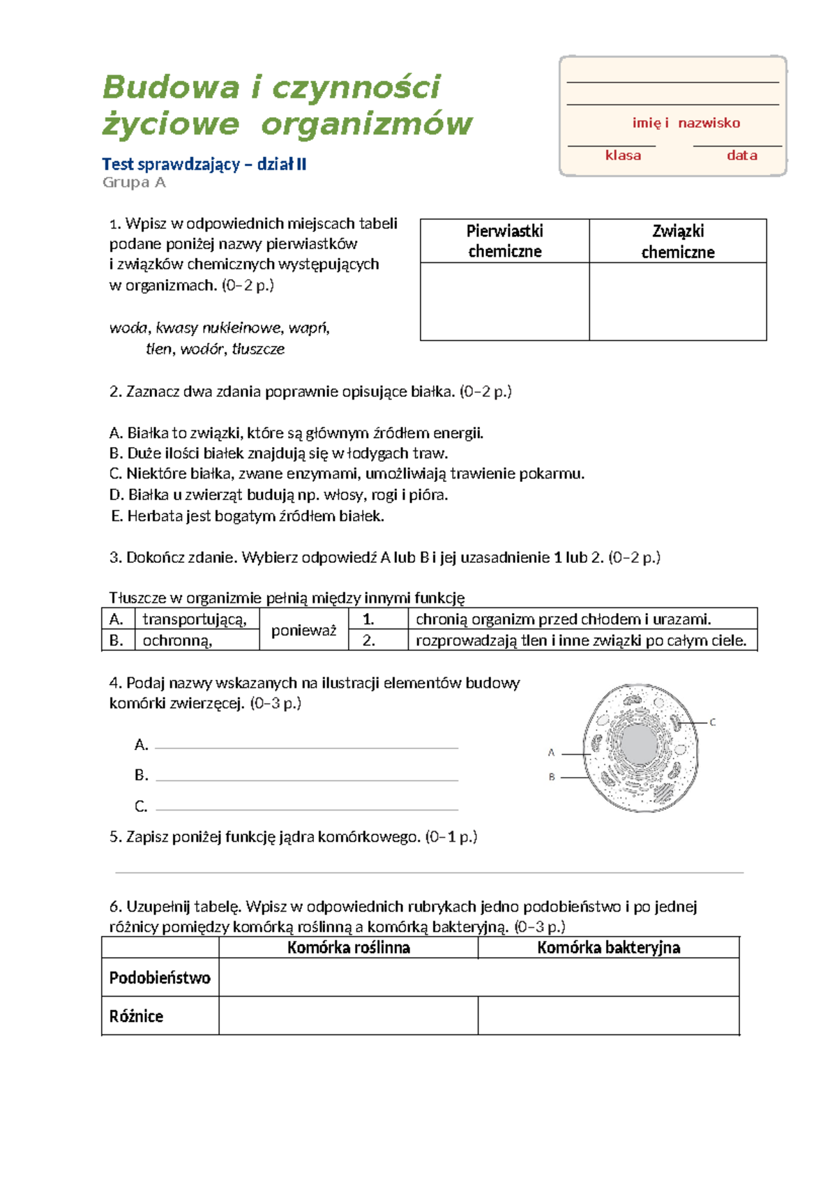 Budowa I Czynności życiowe Organizmów Test www.studocu.com