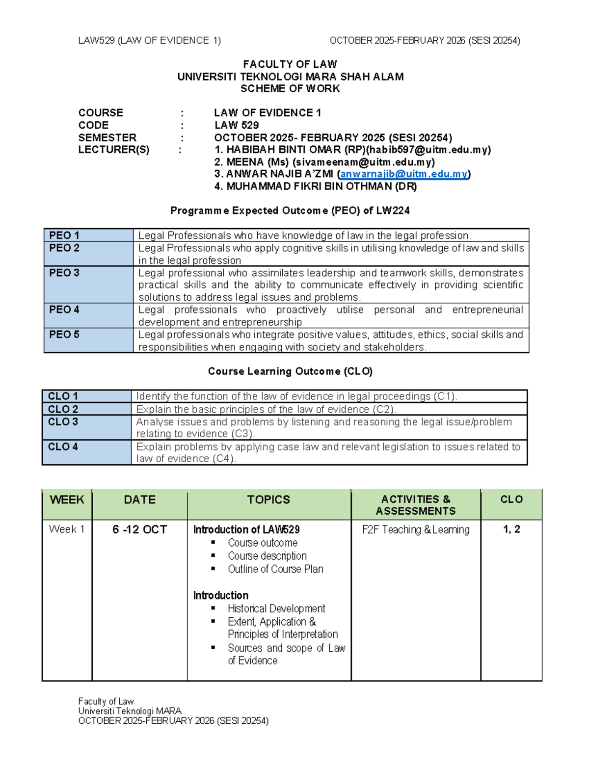LAW529 - Scheme of Work for Law of Evidence 1 (Oct 2025 - Feb 2026 ...