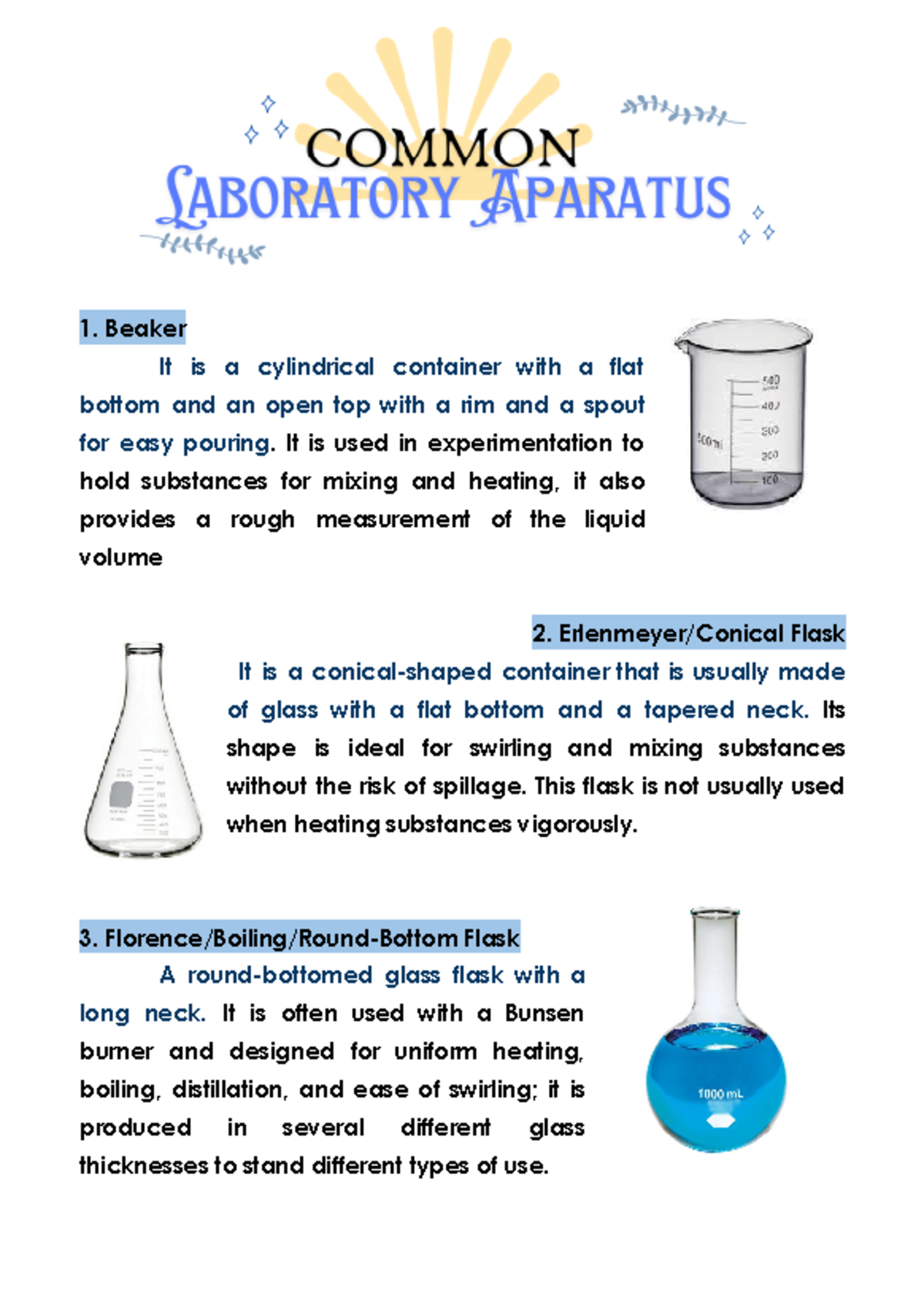 Gen Chem 1 Notes - Beaker It is a cylindrical container with a flat ...