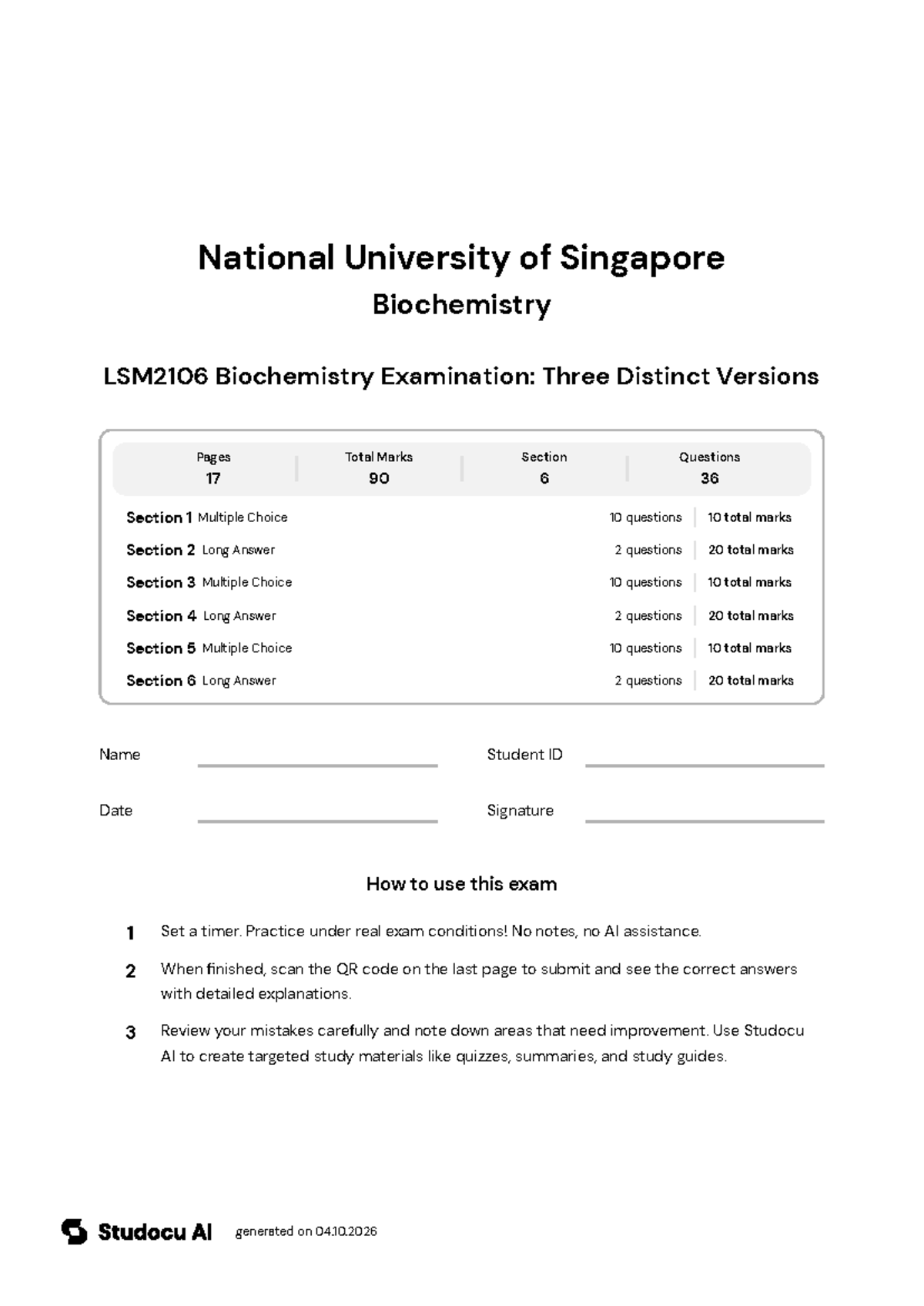 LSM2106 Biochemistry Final Exam: Three Versions - Studocu