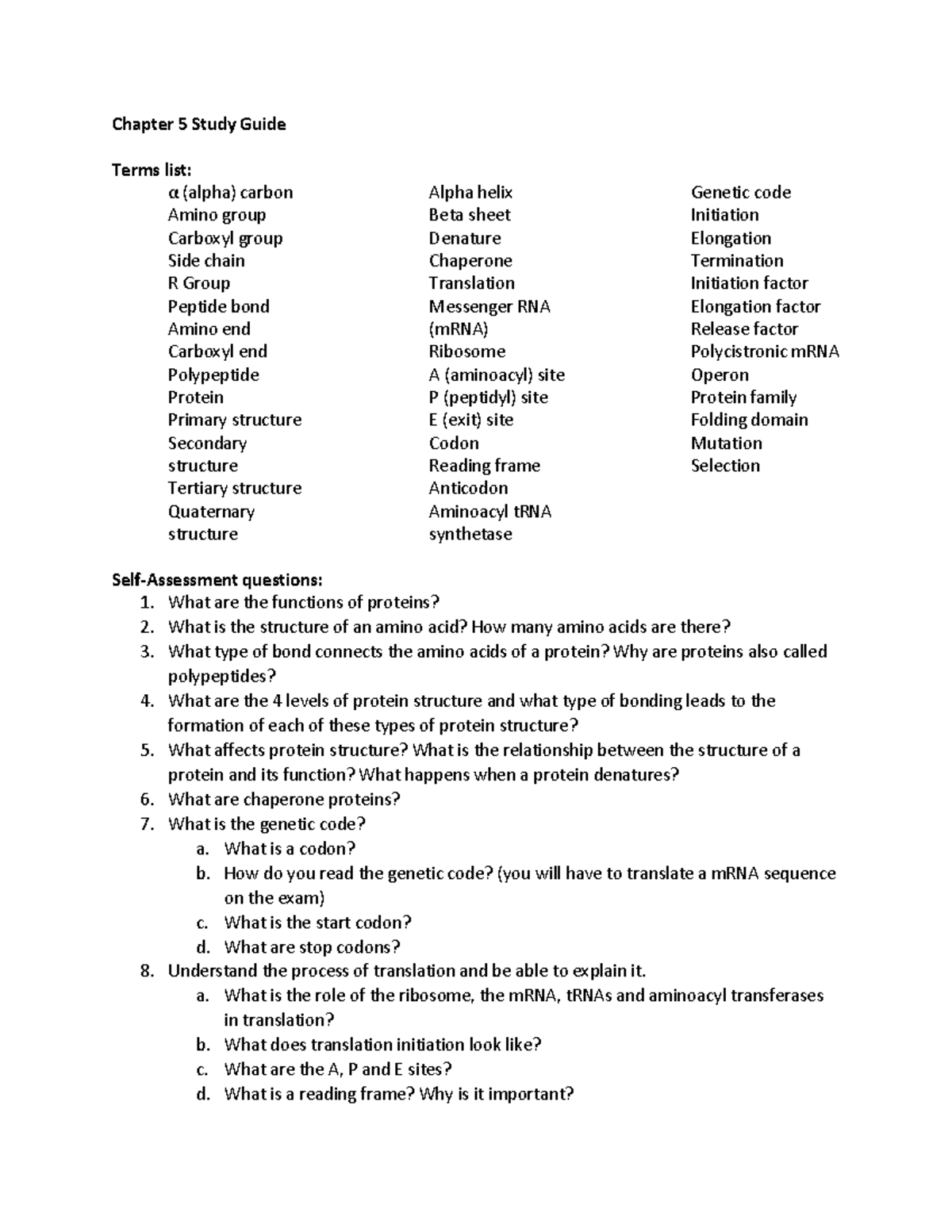 Biology 101: Chapter 5 Protein Structure Study Guide & Key Terms - Studocu