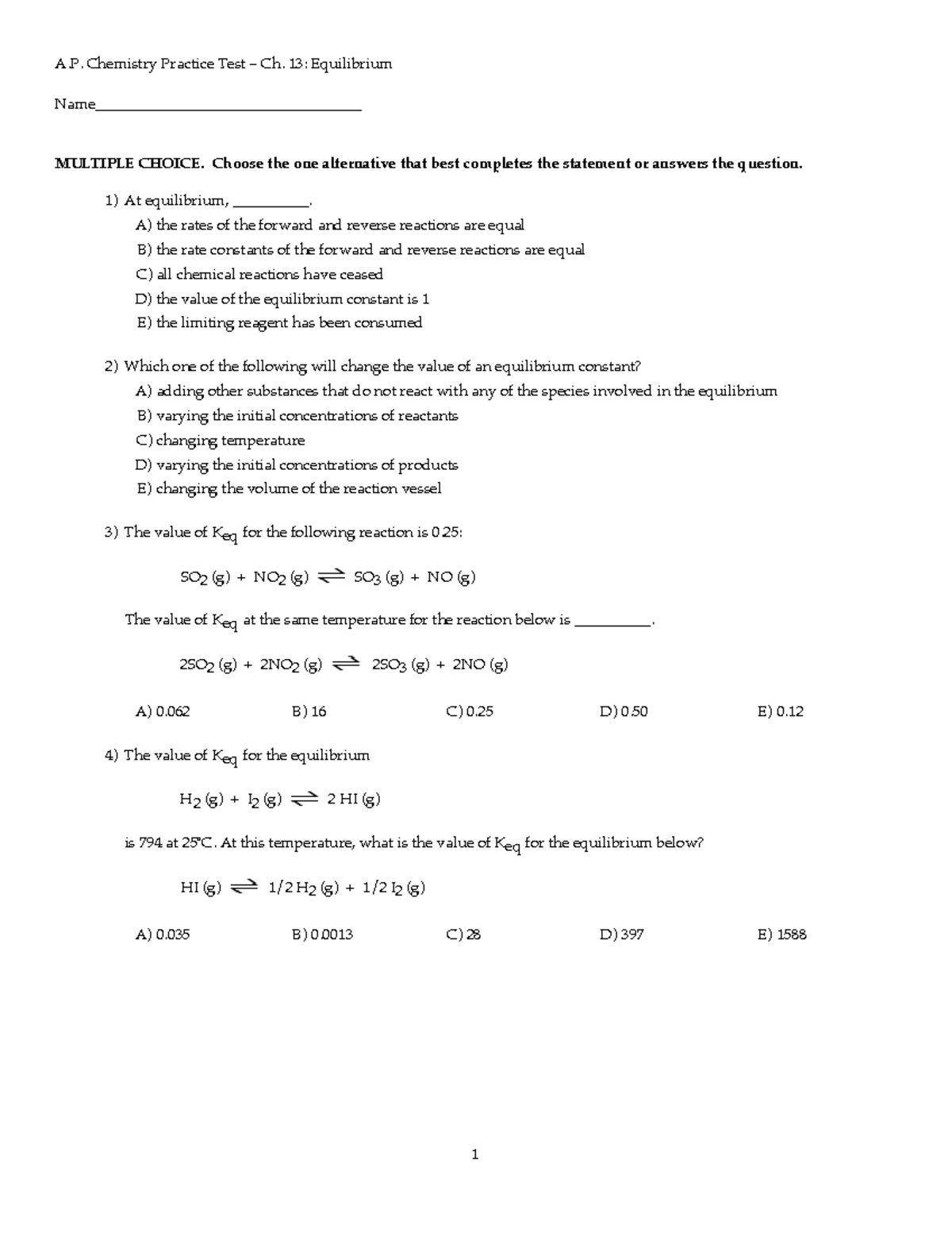 Ch 13 Equilibrium Practice Test - AP Chemistry Exam Review - Studocu