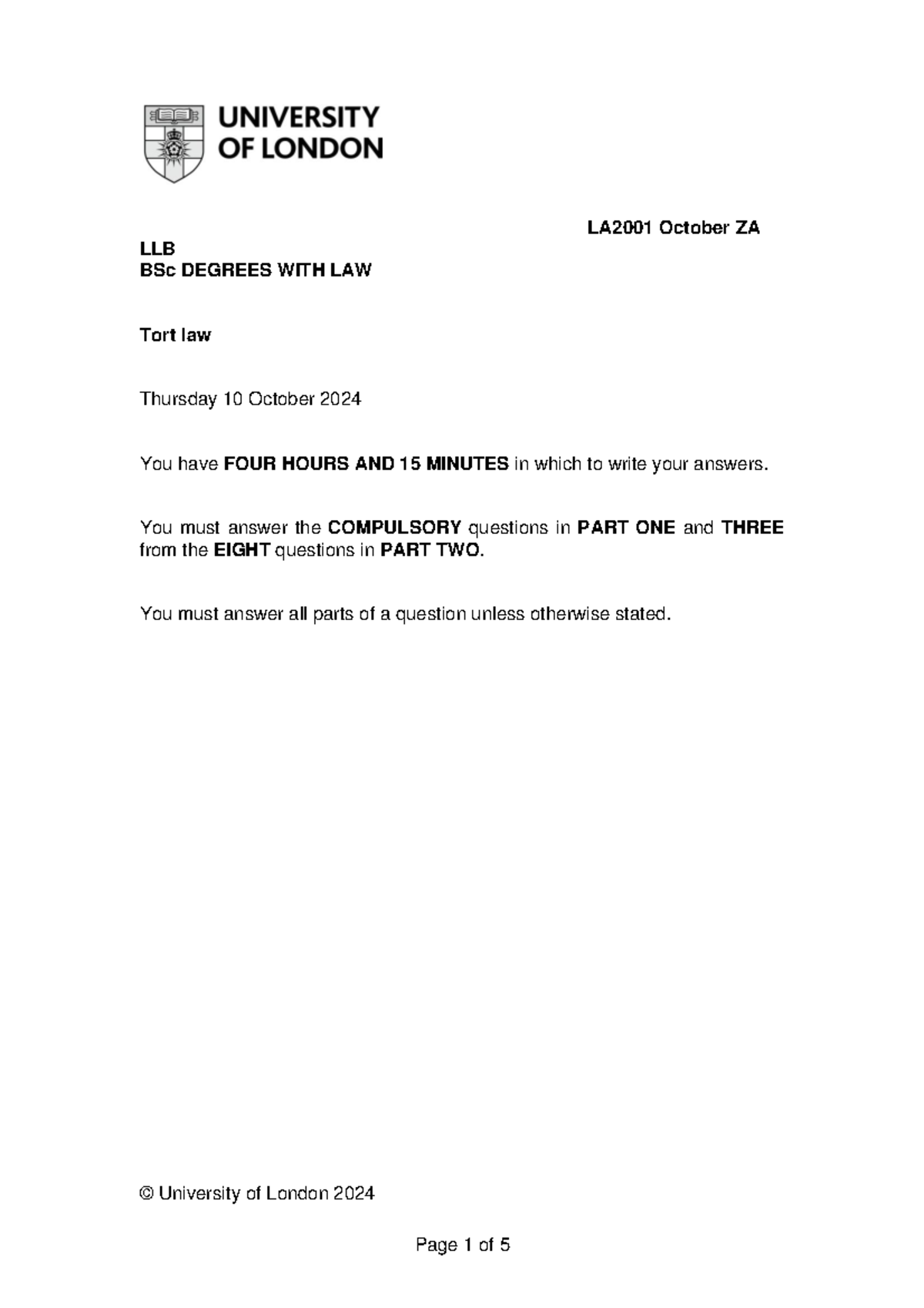 LA2001 Tort Law Exam Paper - October 2024 (4 Hours 15 Min) - Studocu