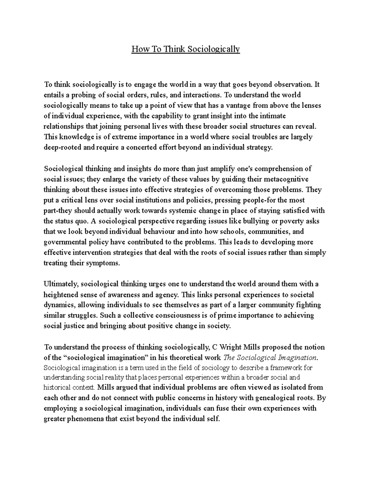 Sociological Thinking: Insights from Mills, Berger, and Beteille - Studocu