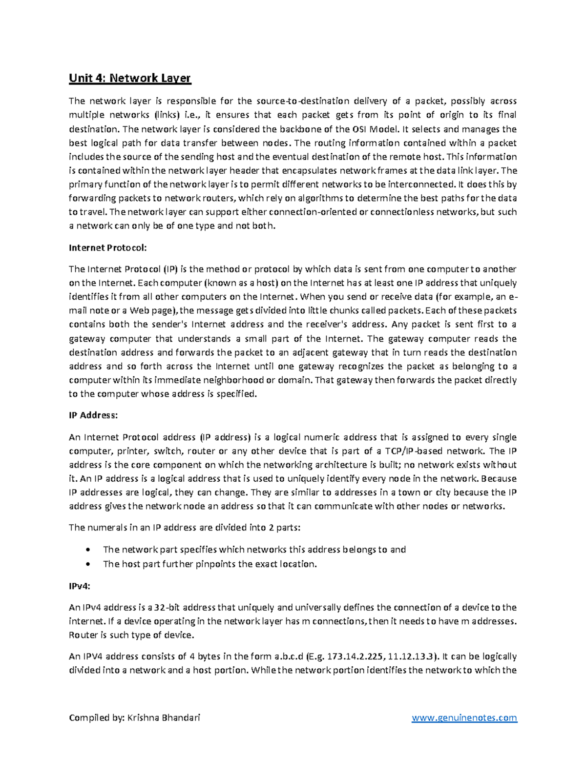 Unit 4 Network Layer - notes full - Unit 4: Network Layer The network ...