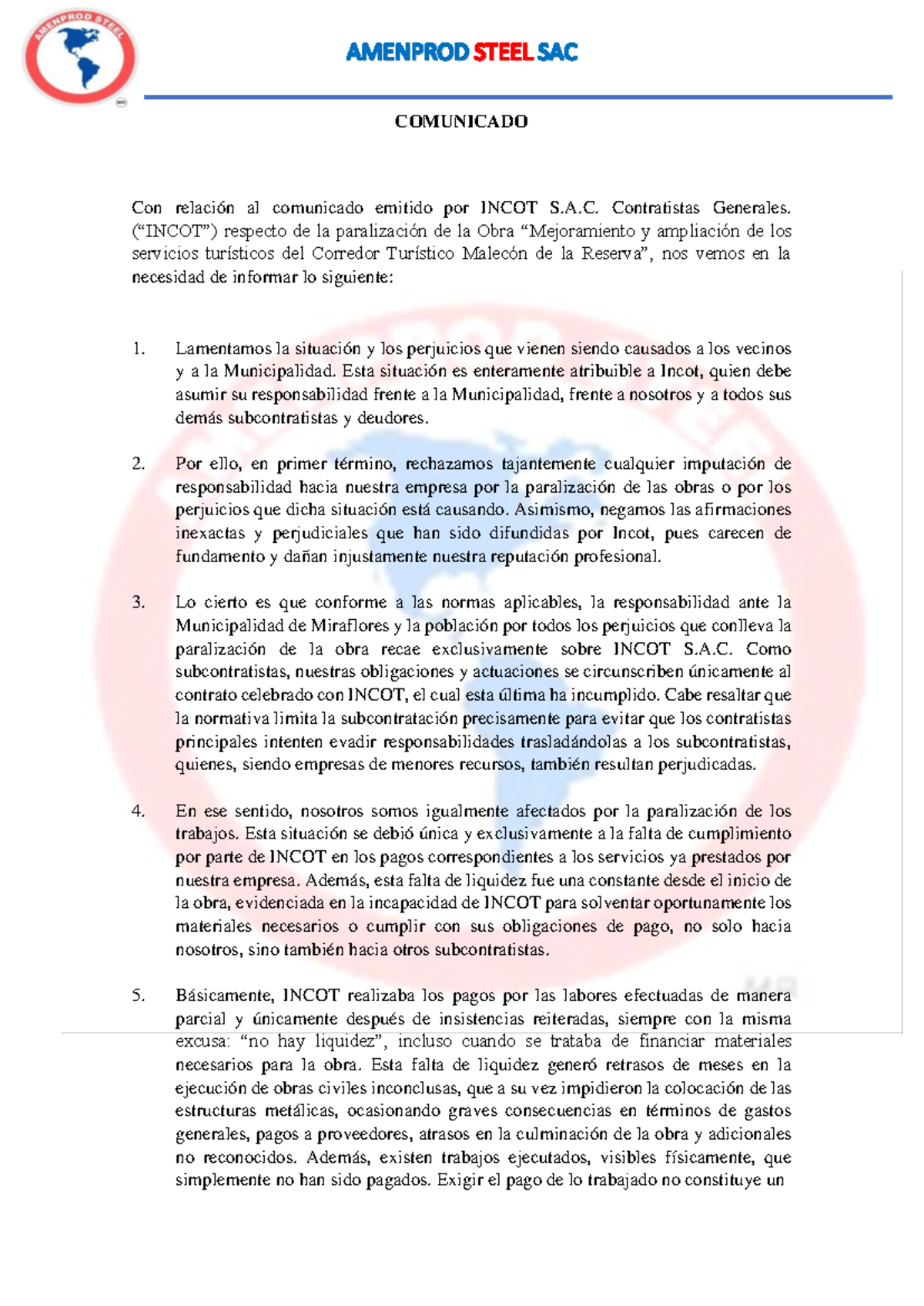 Comunicado Respuesta A Incot-1 - AMENPROD STEEL SAC COMUNICADO Con ...