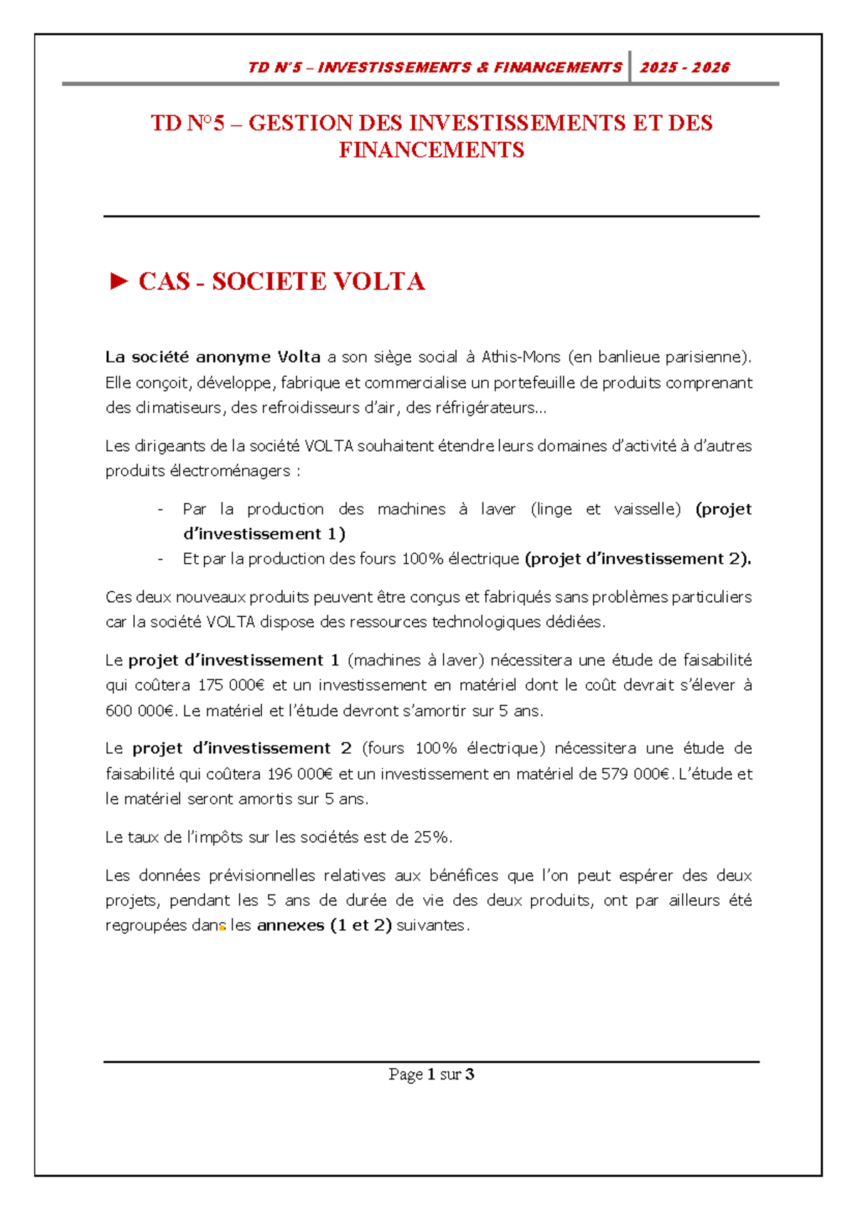 TD N°5 - Gestion des Investissements et Financements - Société Volta ...