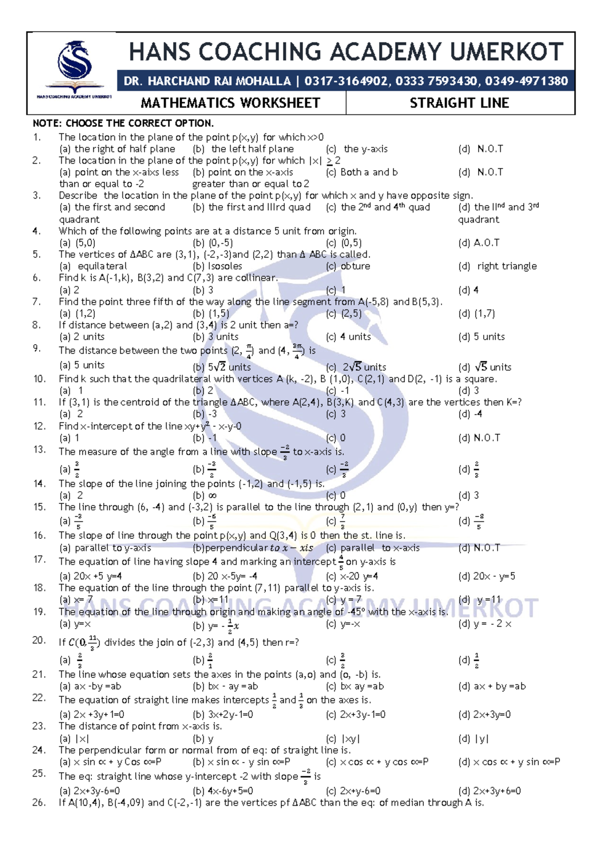 ECAT Maths Worksheet Straight Line - HANS COACHING ACADEMY UMERKOT DR ...