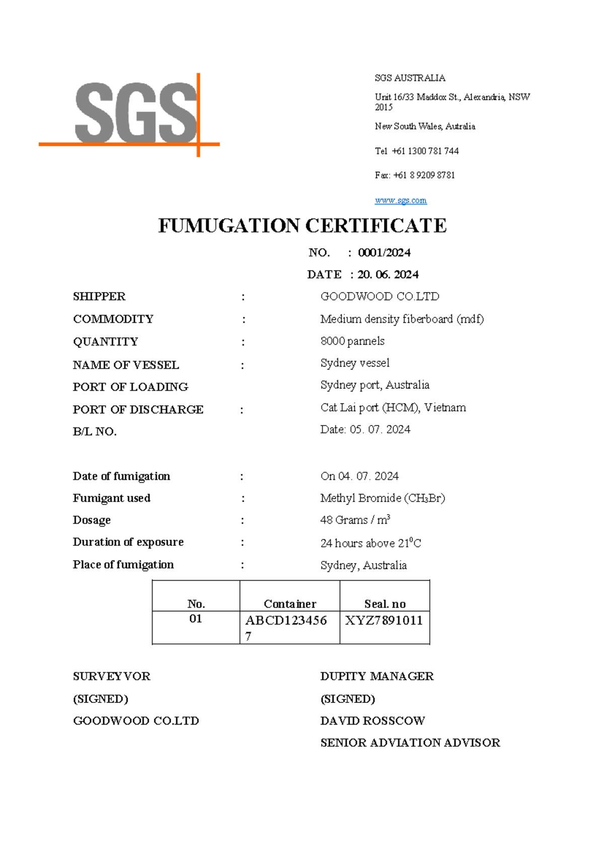 SGS Australia Fumigation Certificate No. 0001 - 20 June 2024 - Studocu