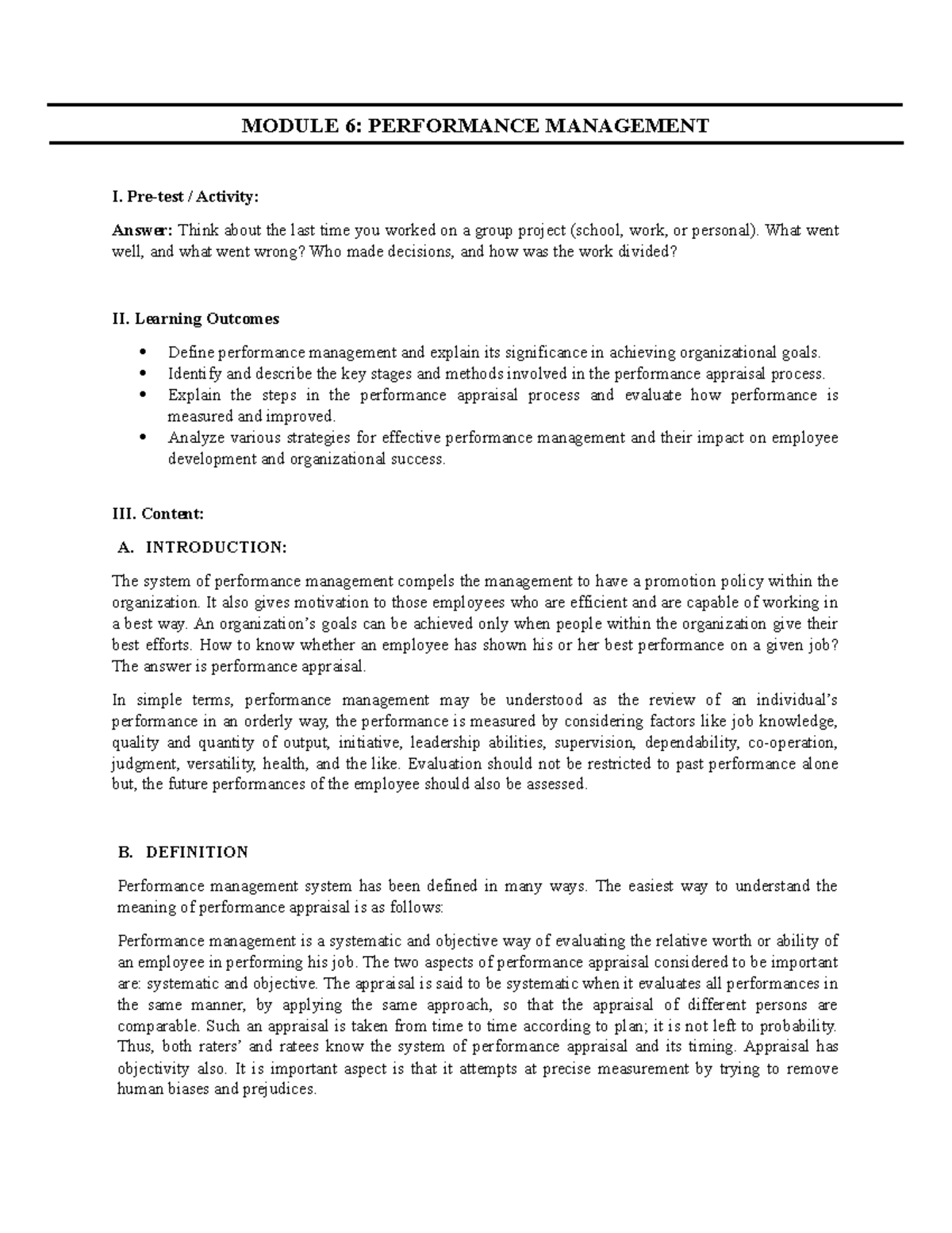 Module 6: Performance Management Strategies and Appraisal Methods - Studocu