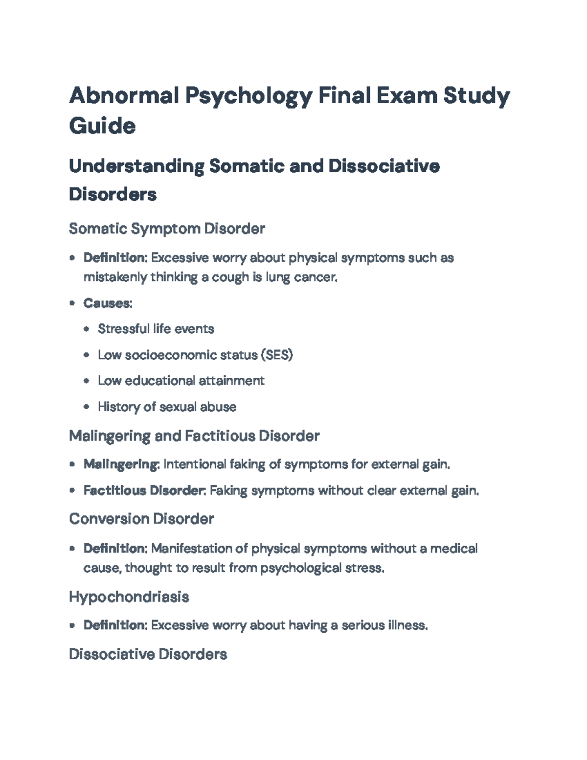 Abnormal Psychology PSY 101 Final Exam Study Guide: Disorders ...