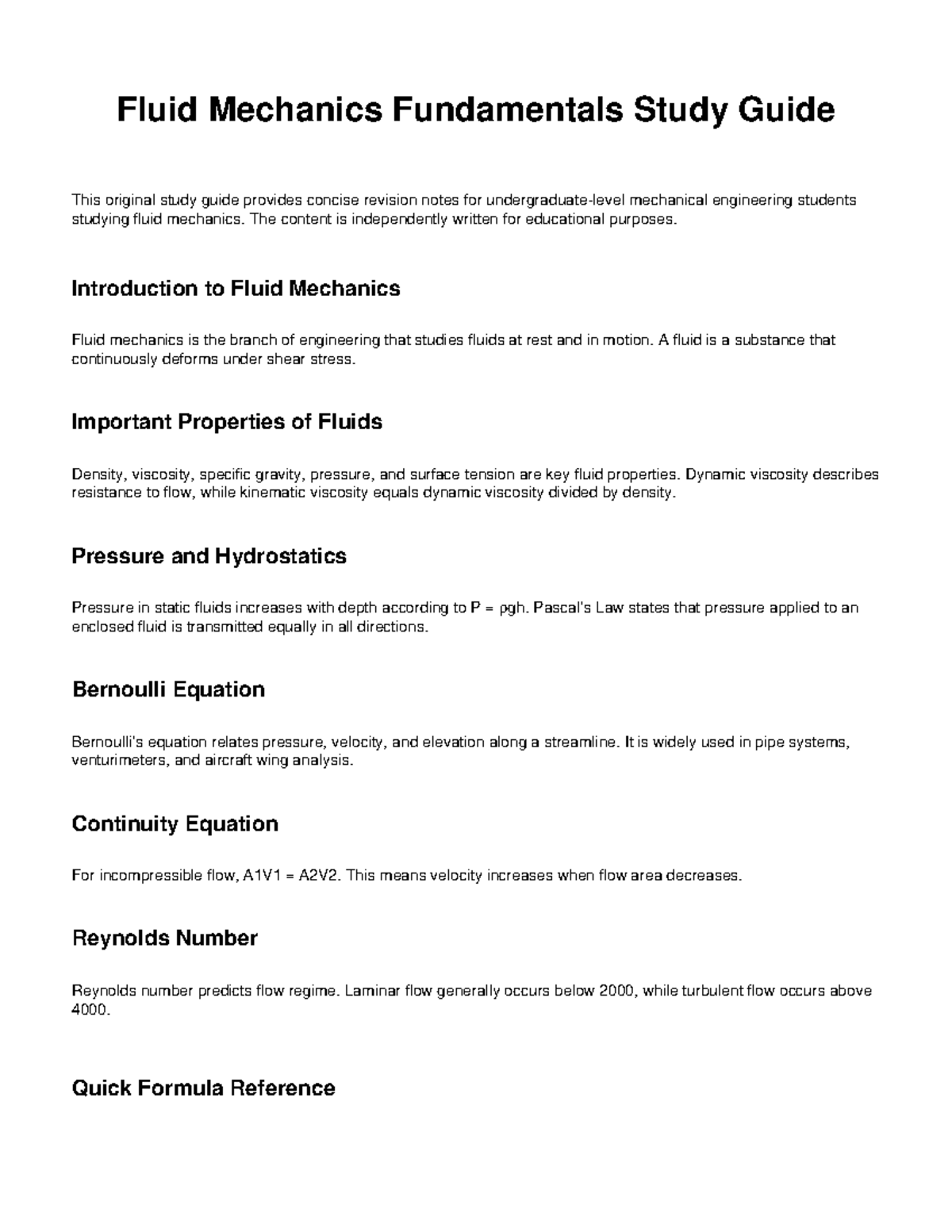 Fluid Mechanics (ME 101) Study Guide: Key Concepts & Formulas - Studocu