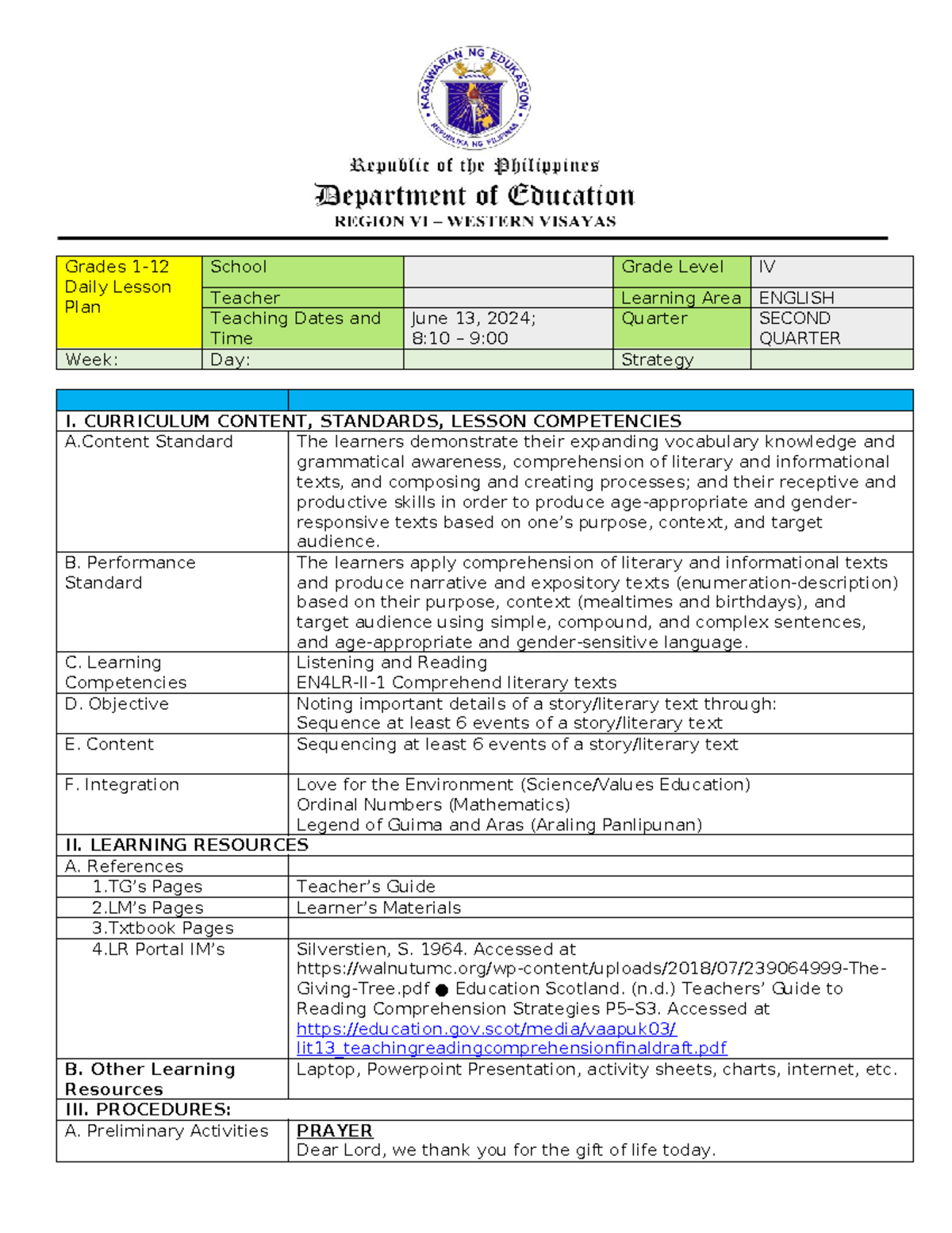 English 4 LP: Daily Lesson Plan for Sequencing Events in Stories - Studocu