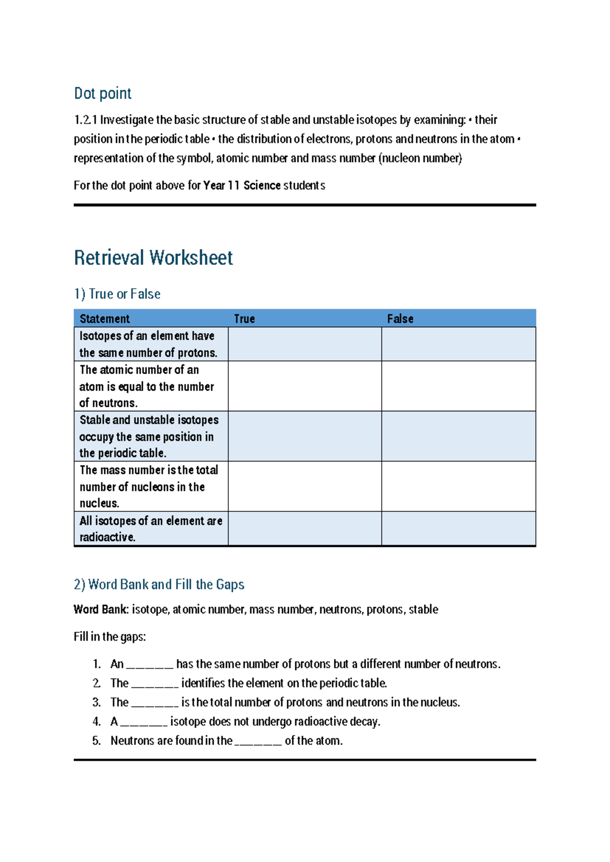 Retrieval Worksheet: Isotopes for Year 11 Science (Dot Point 1.2.1 ...