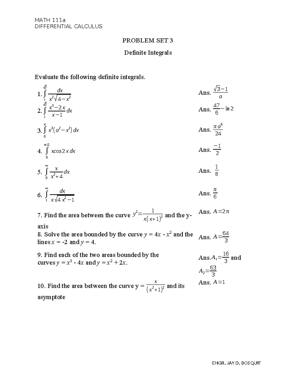 Problem-SET-3 - PRACTICE MATERIAL FOR CALCULUS 2 - MATH 111a ...