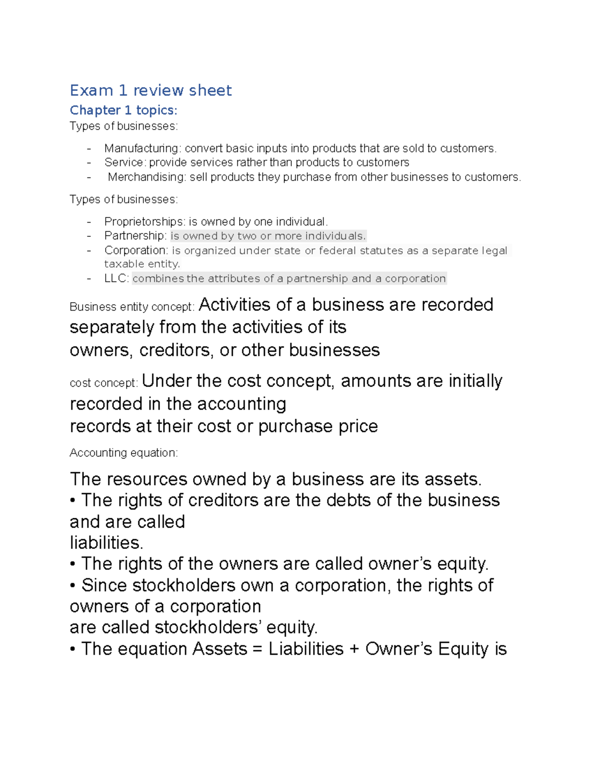 ACC 101 Exam 1 Review Sheet: Key Business Concepts and Records - Studocu