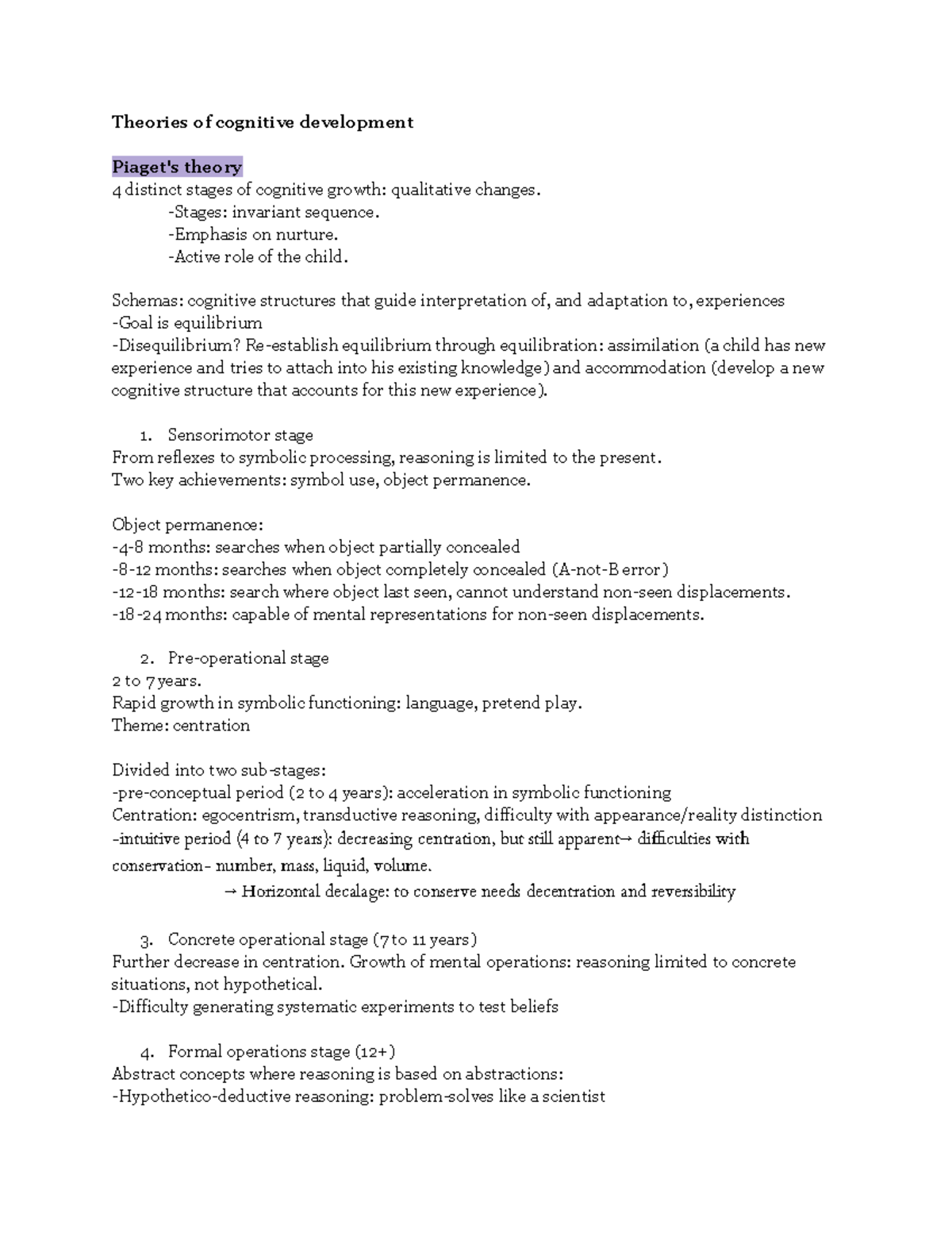 Cognitive Development Theories: PSY 2410 Lecture Notes Overview - Studocu