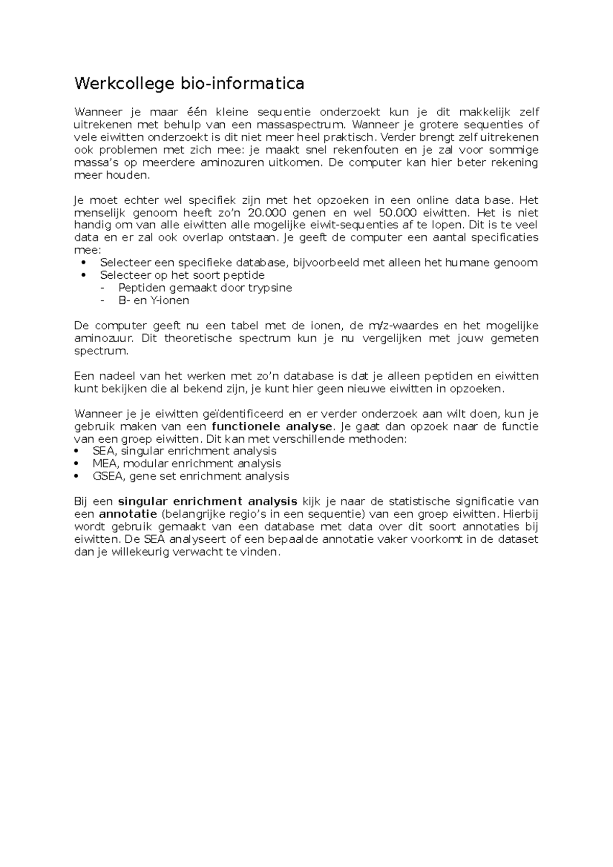 Aantekeningen Werkcollege Bio-informatica: Database en Analyse Methoden ...