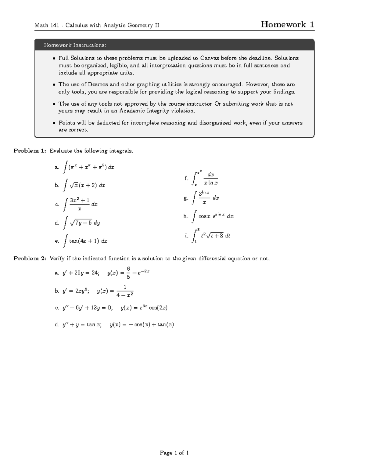 Math 141 - Calculus II: Homework 1 Full Solutions Guide - Studocu