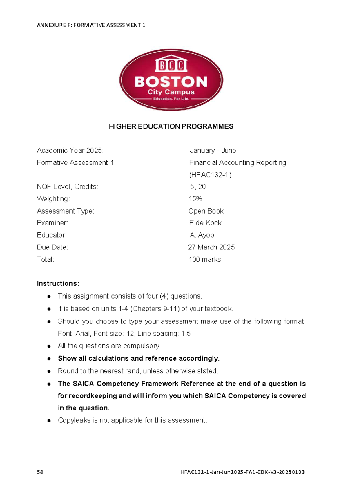 Formative assessment 1: Financial accounting reporting (FA1) questions ...