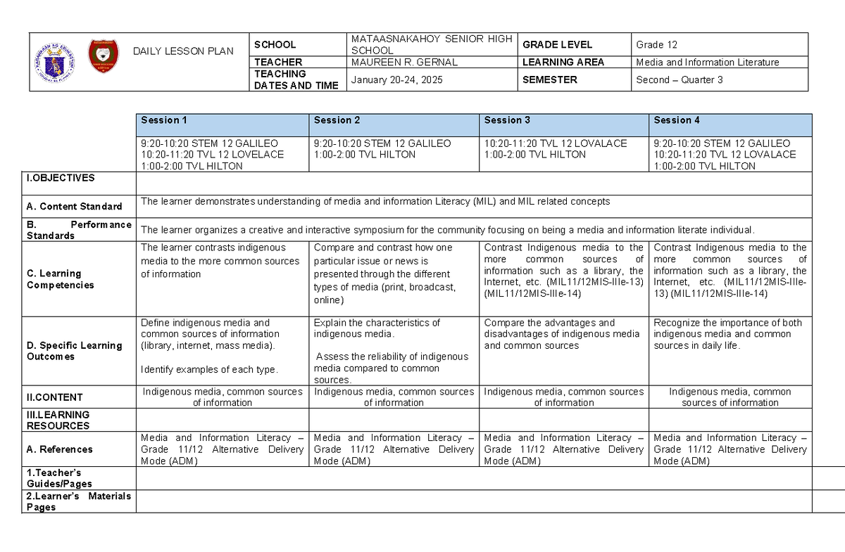 Grade 12 Media & Info Literacy Daily Lesson Plan - Week 5 Q3 - Studocu