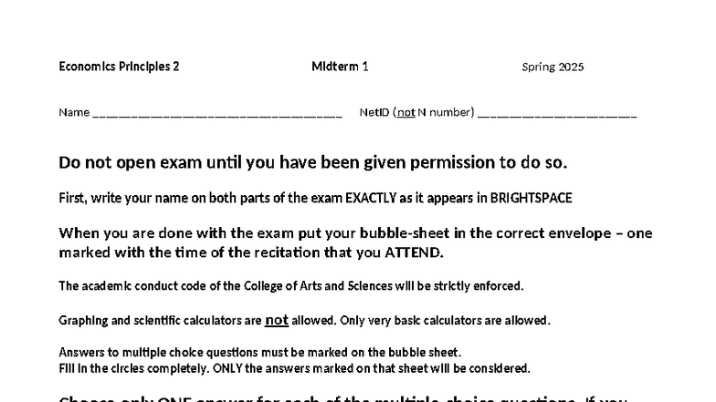 Economics Principles 2 Midterm 1 Exam Spring 2025 - Study Guide - Studocu