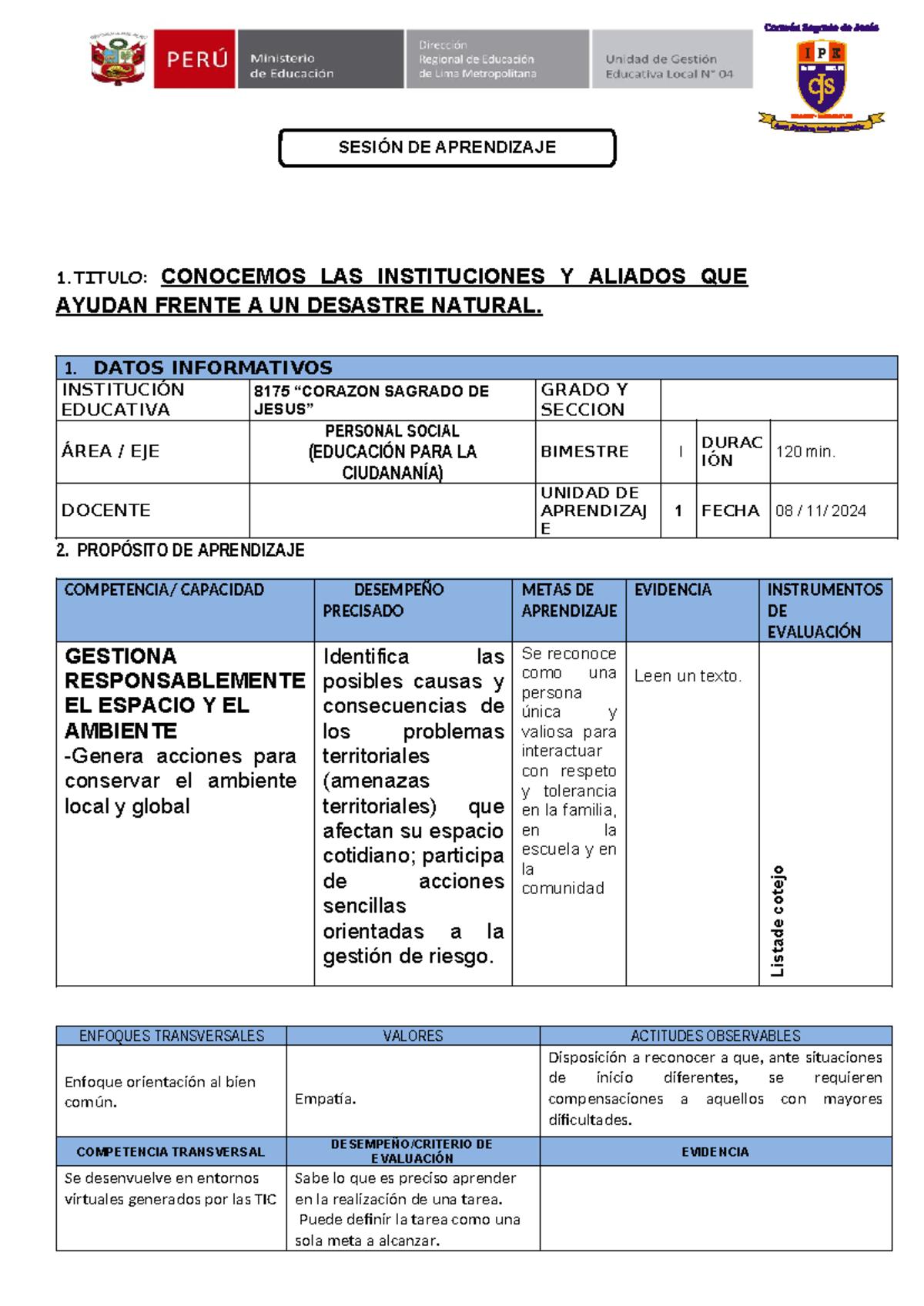 Sesion DE Aprendizaje DE Personal Social S32- 08 DE Noviembre DEL 2024 ...