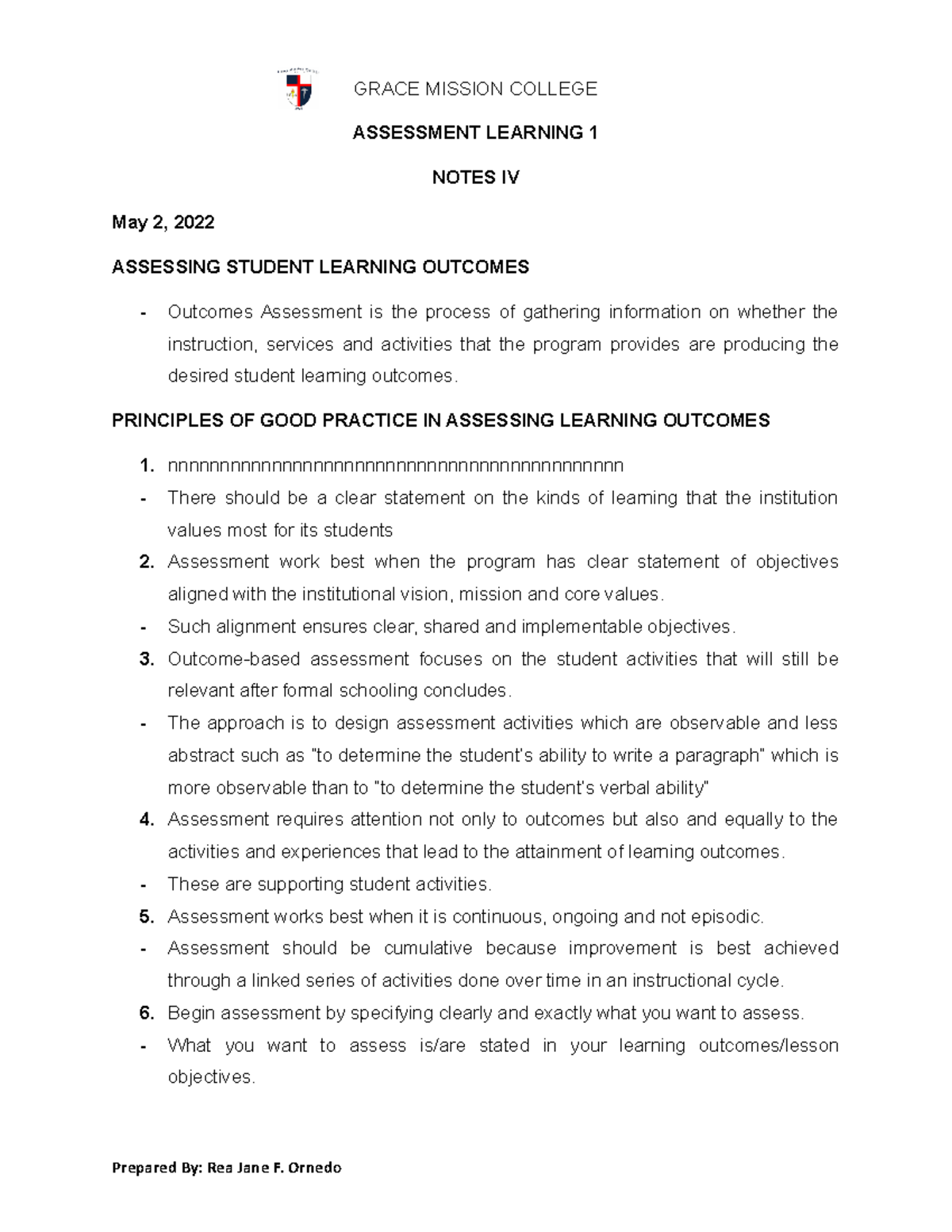 Assessment In Learning 1 Module 4 Notes On Student Outcomes Studocu