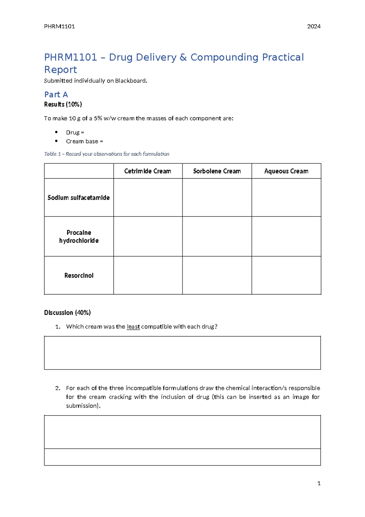 PHRM1101 2024 Drug Delivery & Compounding Practical Report Analysis ...