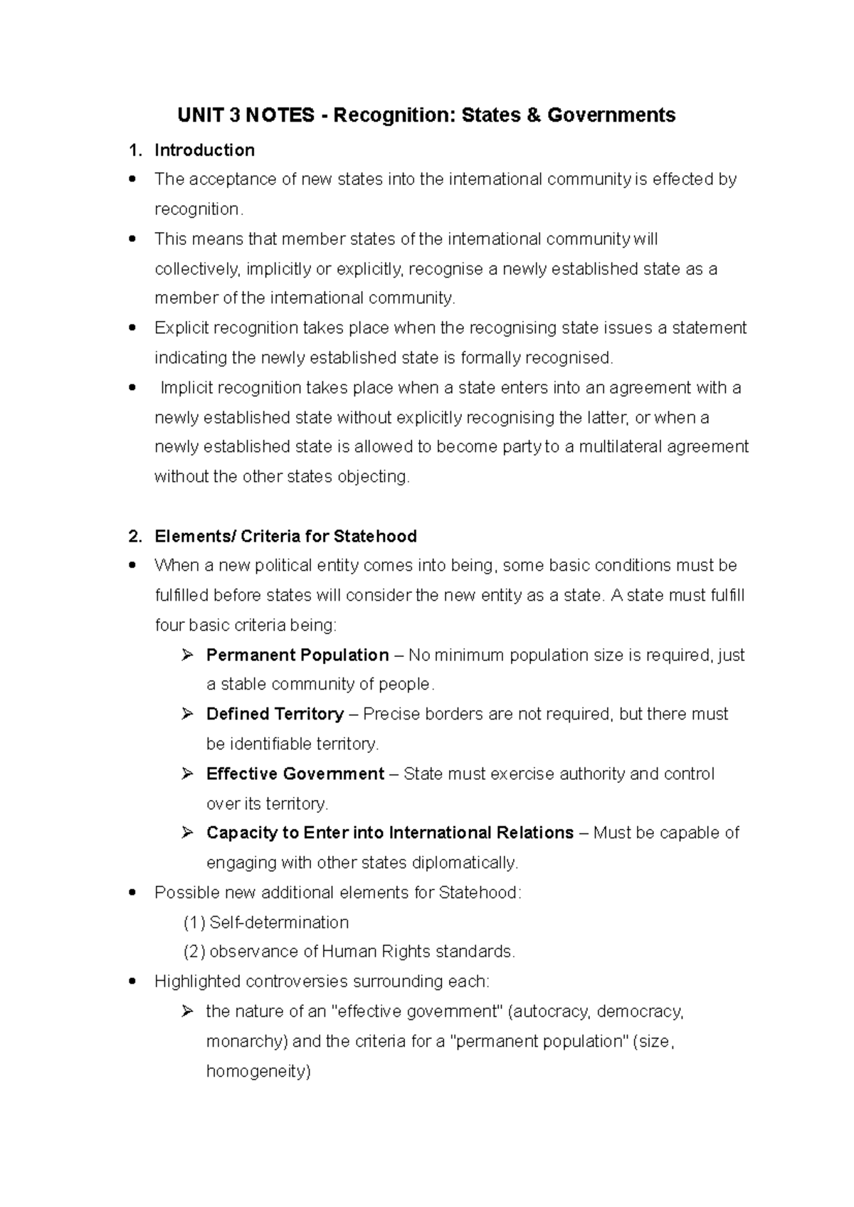 UNIT 3 NOTES - Recognition of States and Statehood Criteria - Studocu