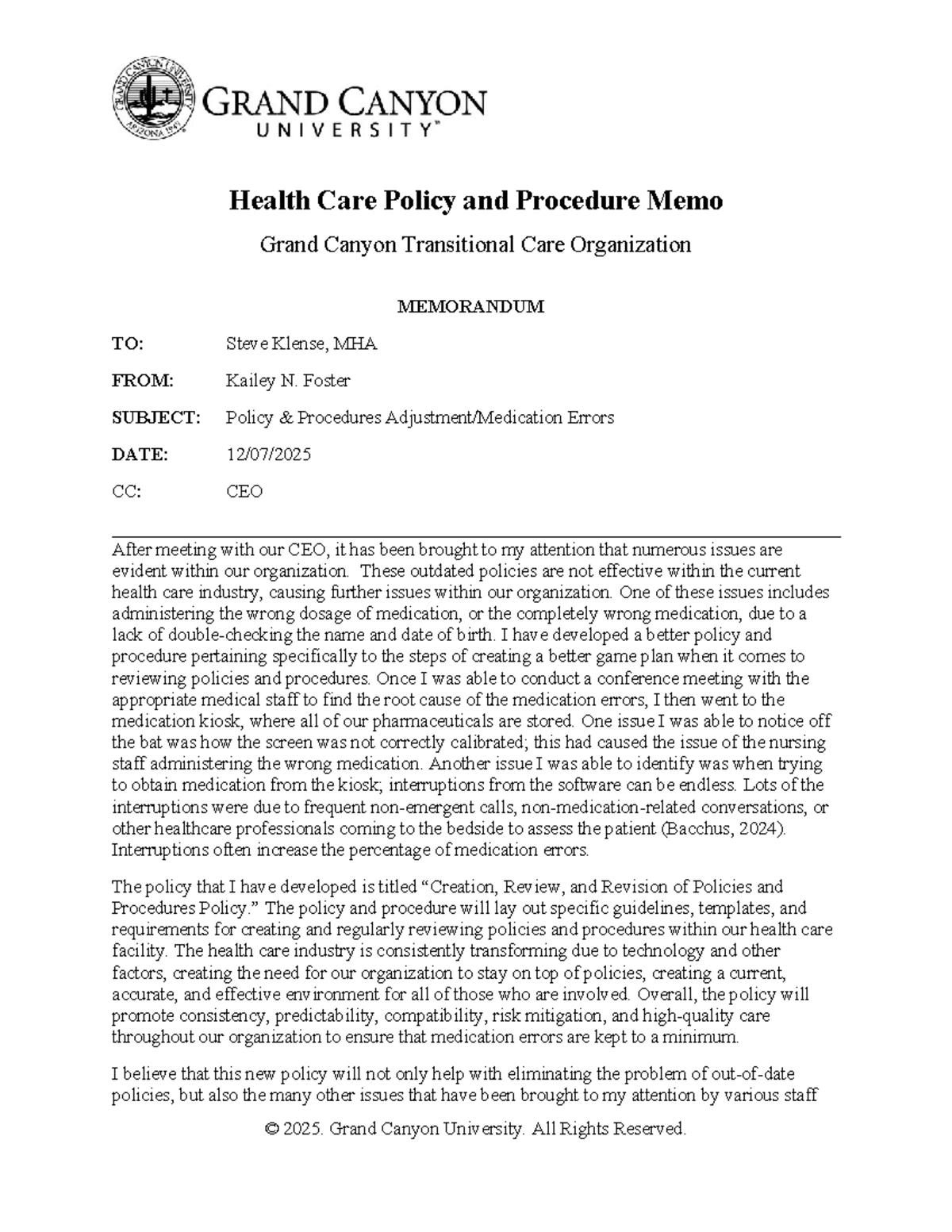 Health Care Policy & Procedure Development Memo - GCU - Studocu