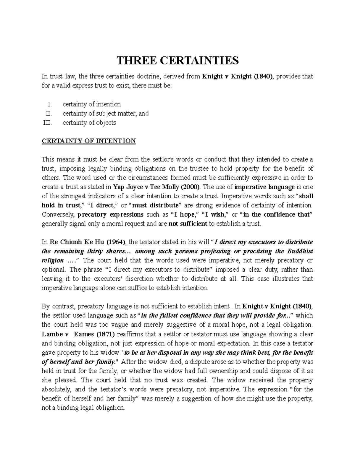 NOTA Equity - Notes on the Three Certainties in Trust Law - Studocu