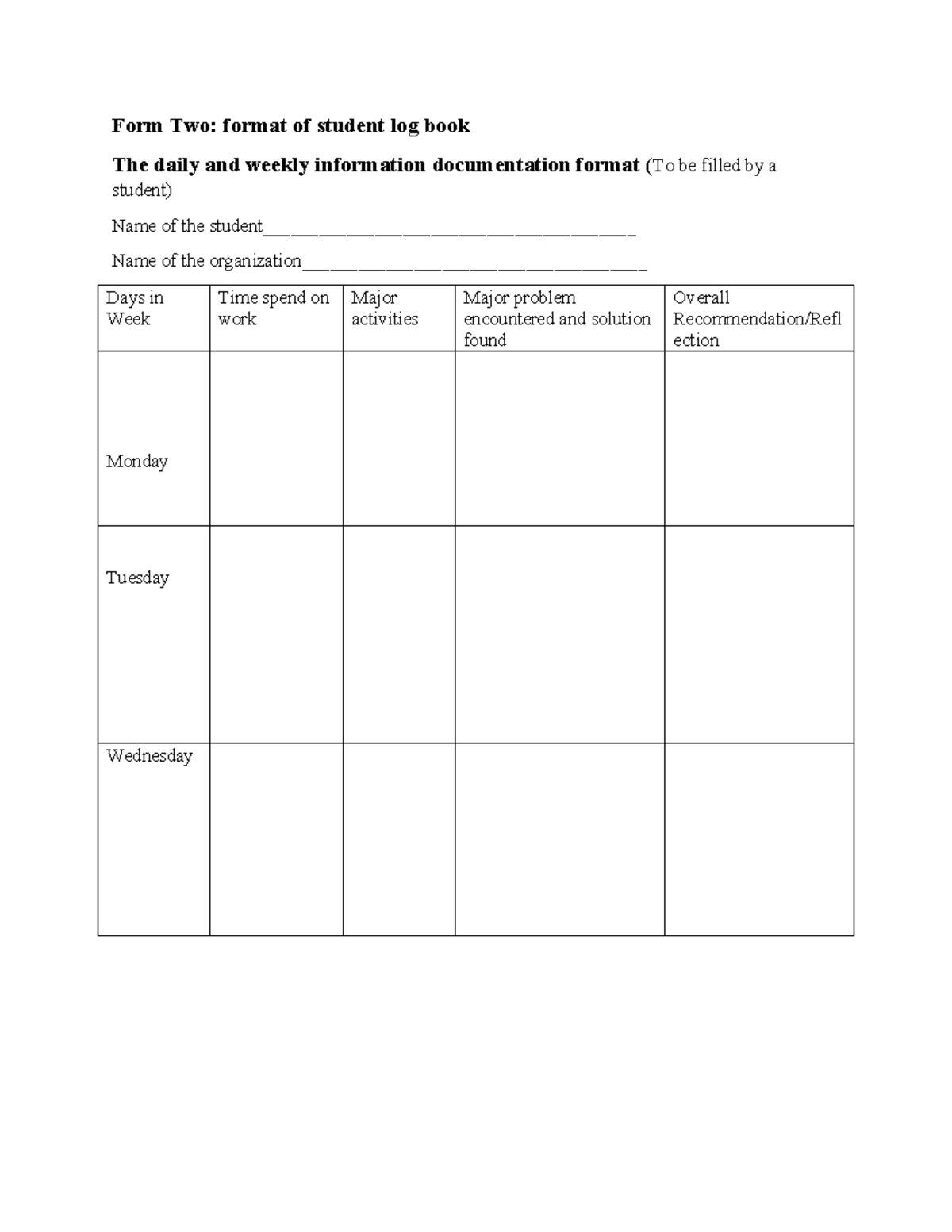 Form Two - Practical attachment - Final project - Form Two: format of ...
