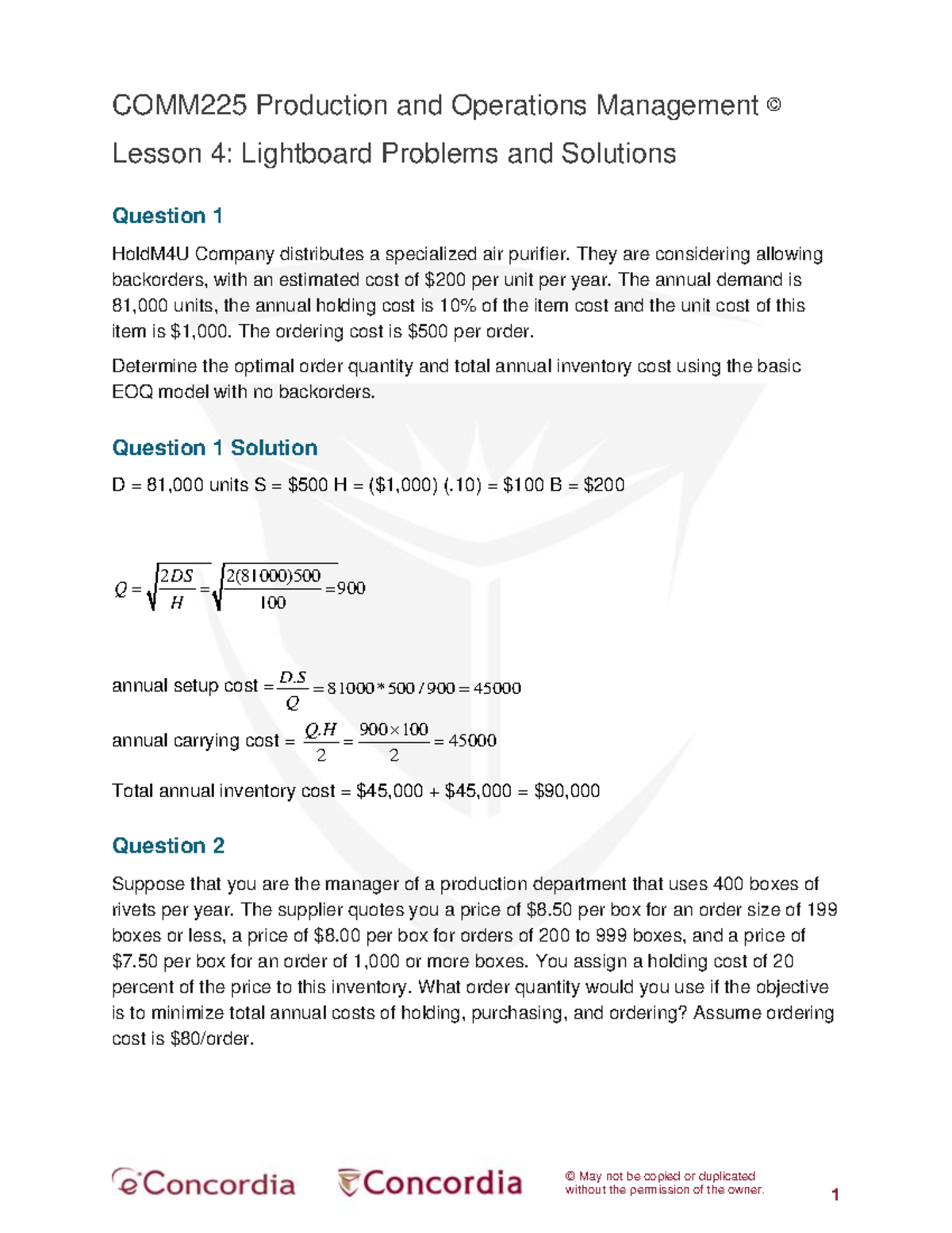 COMM225 Production and Operations Management Lesson 4: Inventory ...