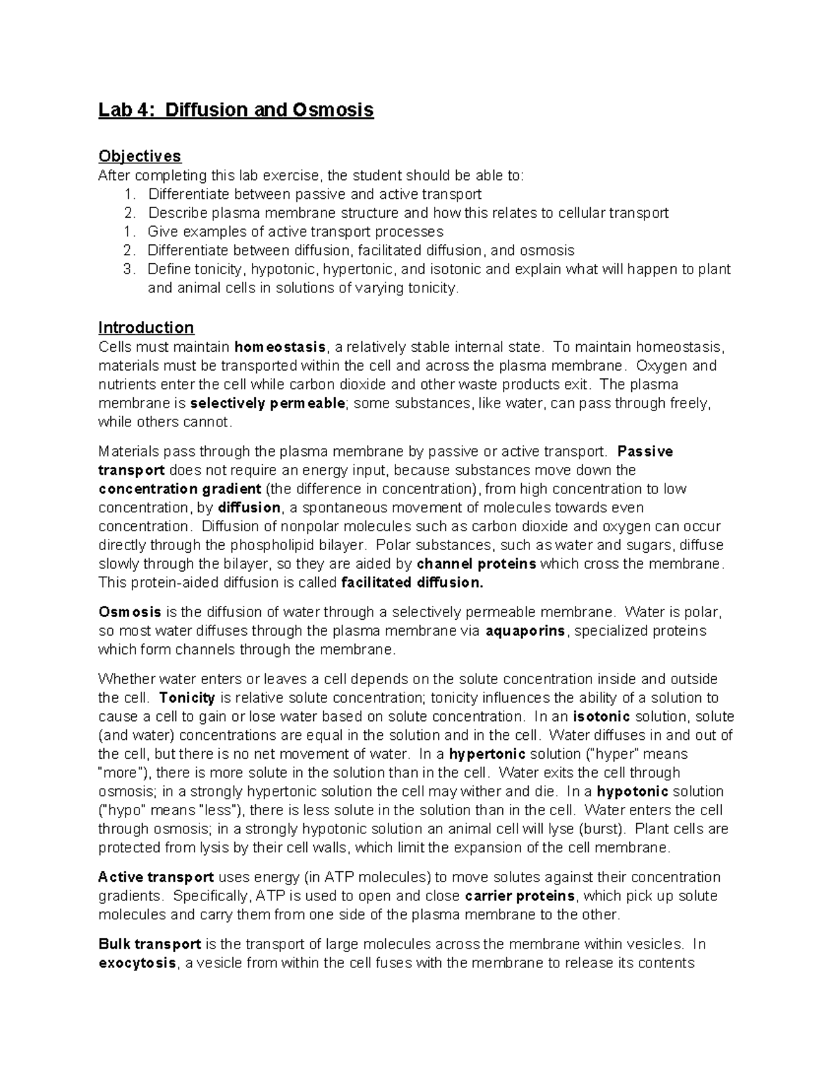 Diffusion and Osmosis Lab 4 Notes for Biology Students - Studocu