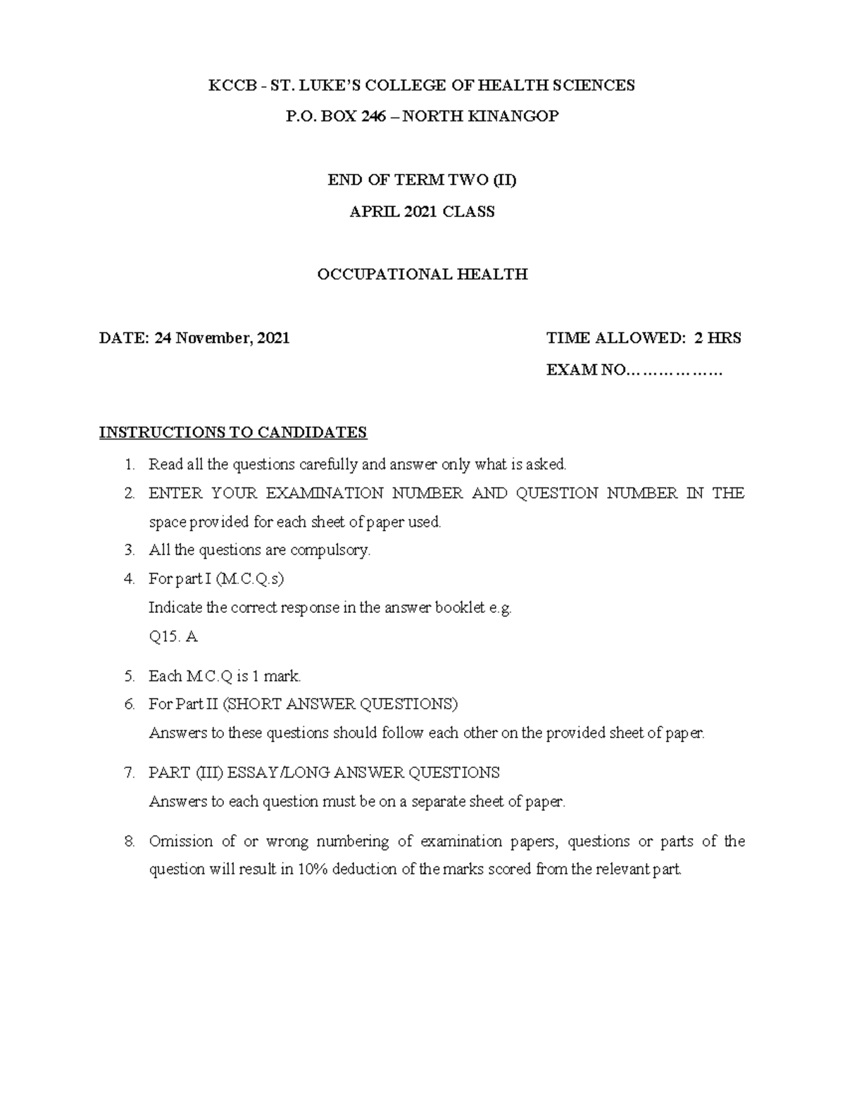Occupational Health Final Exam A-21: Guidelines and Sample Questions ...