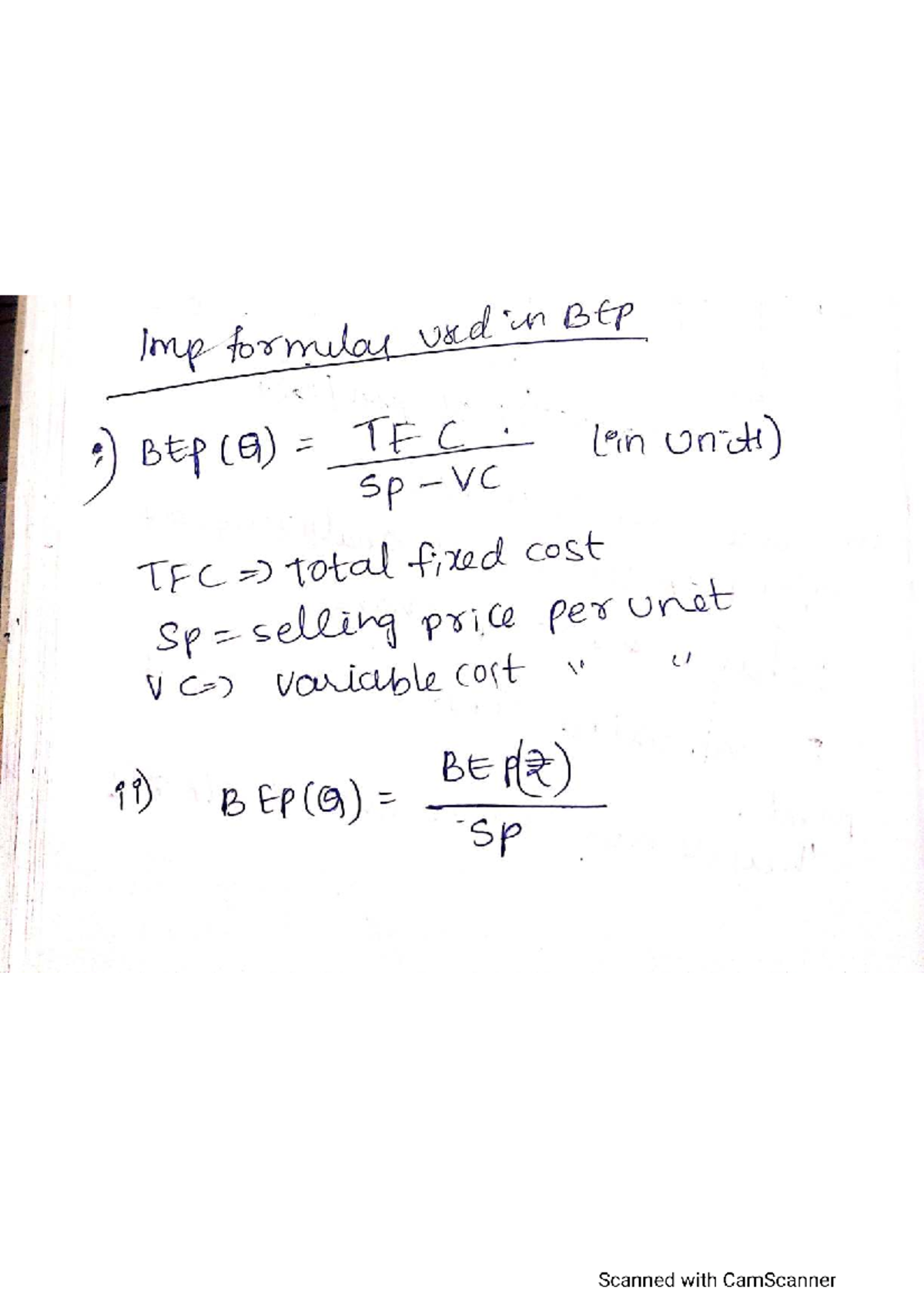 BEP Formulas and Calculations for BEP (Q) Analysis - Studocu