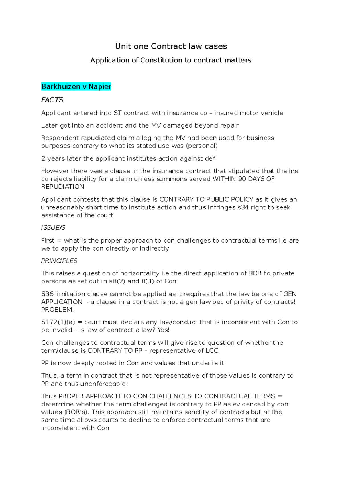 Unit 1 Contract Law Case Summaries: Barkhuizen v Napier Analysis - Studocu