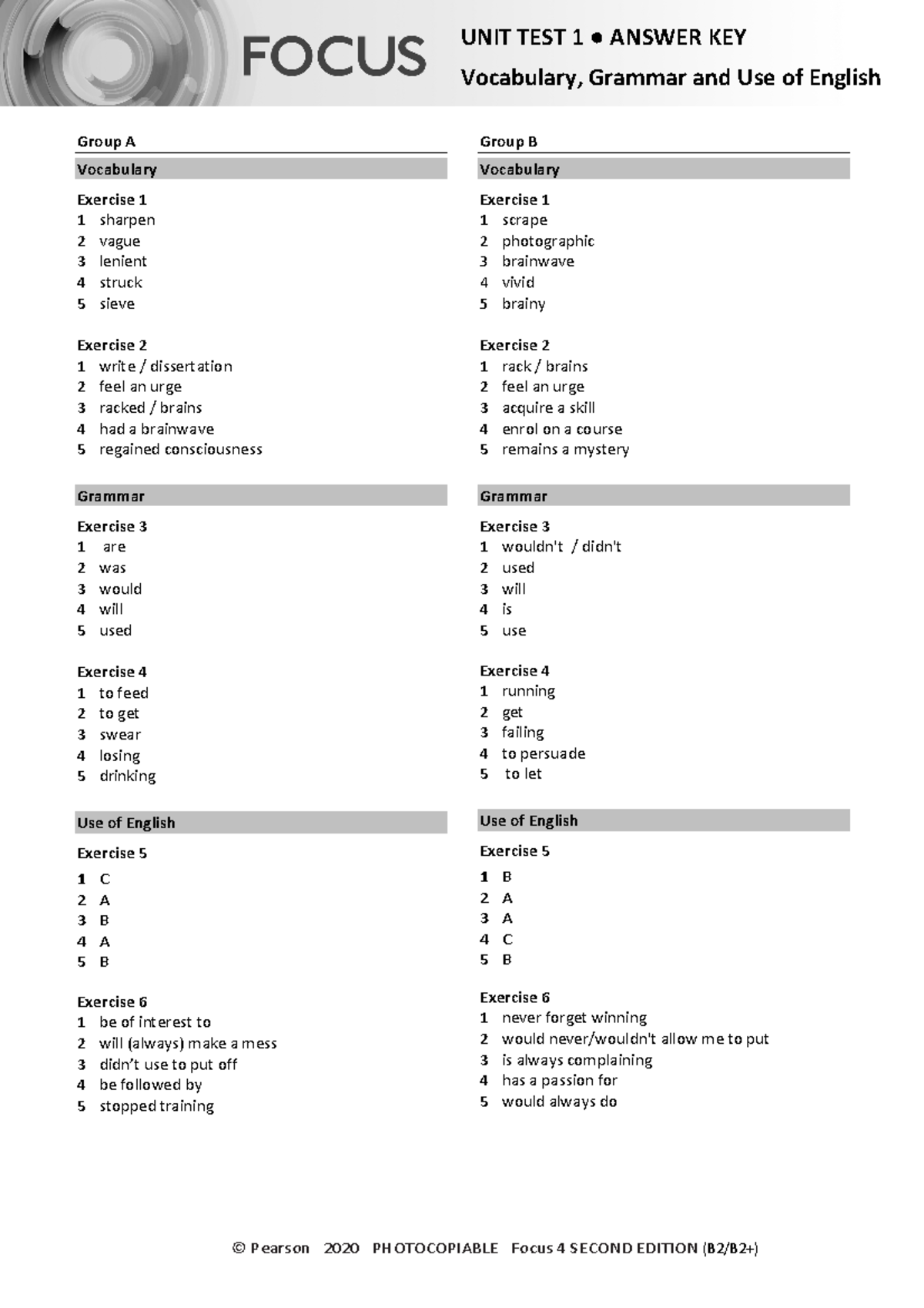 Focus 4 2E Unit Test 1: Vocabulary & Grammar Answers for Groups A & B ...