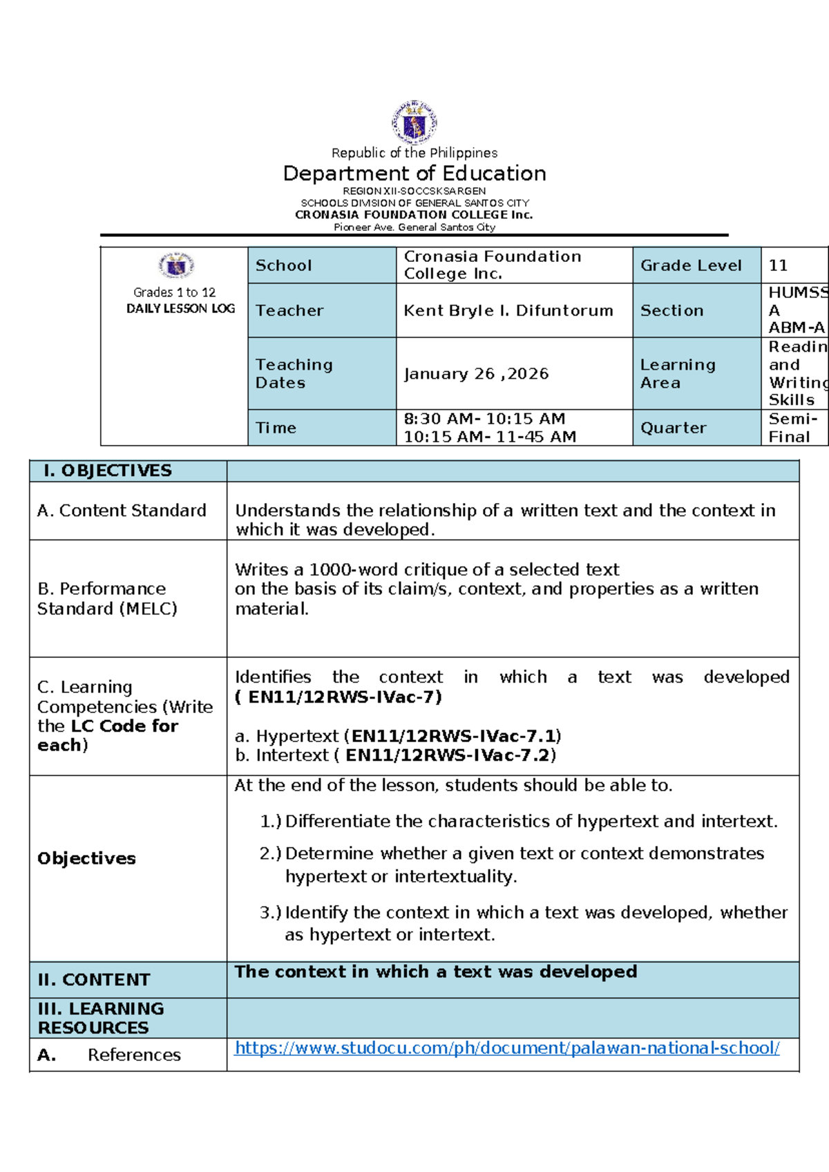 HUMSS A Lesson Plan: Understanding Hypertext and Intertext - Studocu