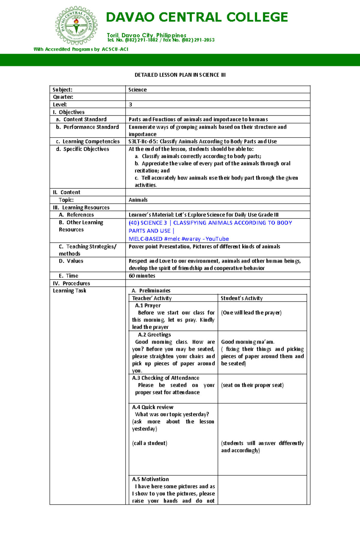Detailed Lesson Plan for Grade 3 Science: Classifying Animals - Studocu