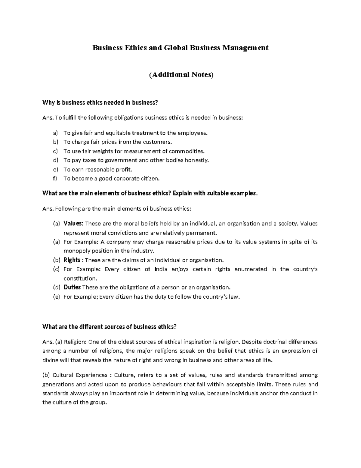 Business Ethics - Addt. Notes - Business Ethics and Global Business ...