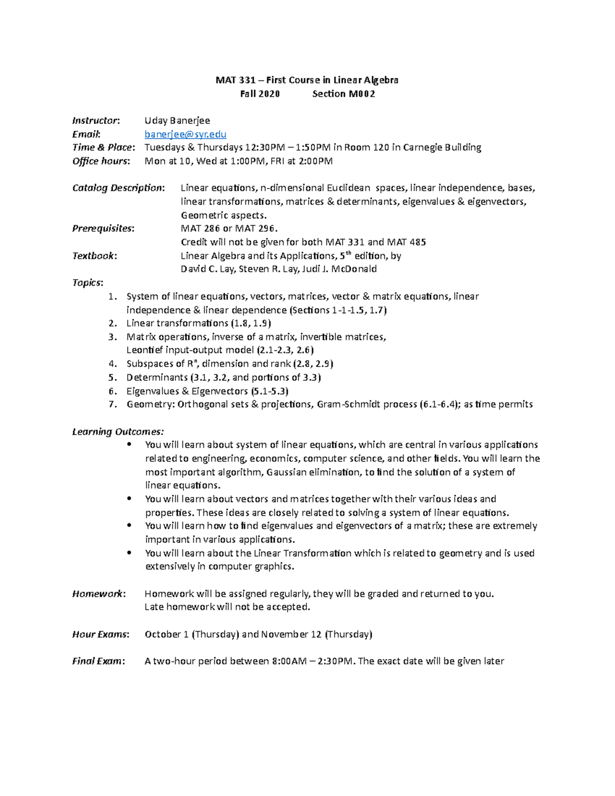MAT 331 - Fall 2020 Syllabus for Linear Algebra Course - Studocu