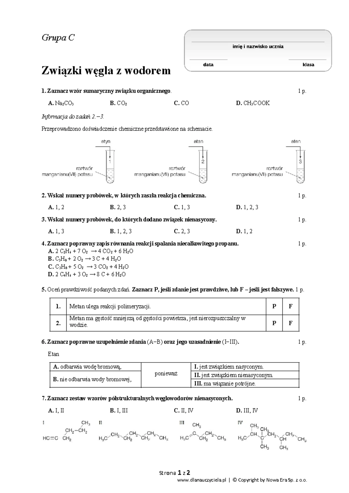 Sprawdzian Z Weglowodorow Gimnazjum Gr C www.studocu.com