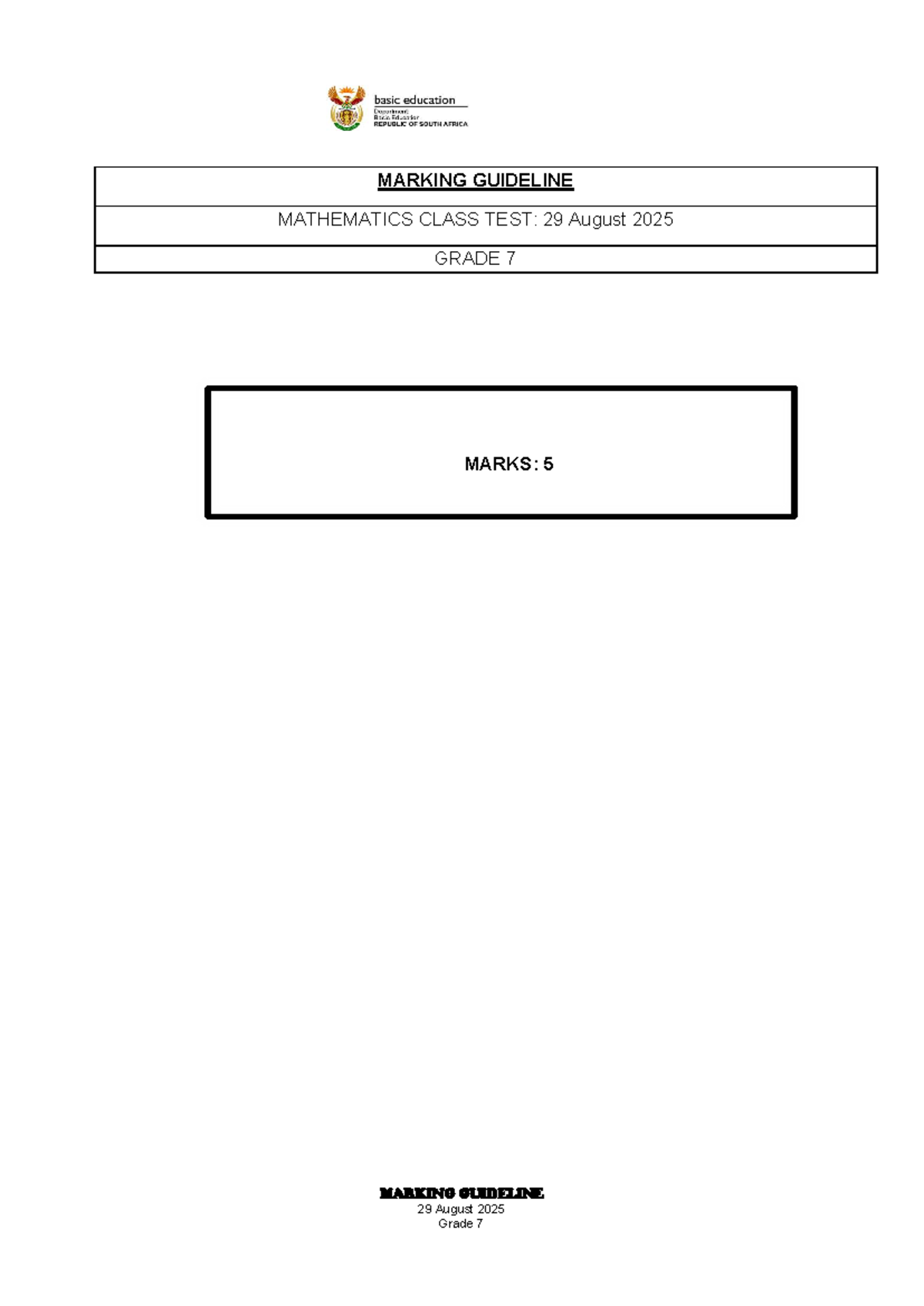 Grade 7 Mathematics Class Test Marking Guideline - 29 Aug 2025 - Studocu