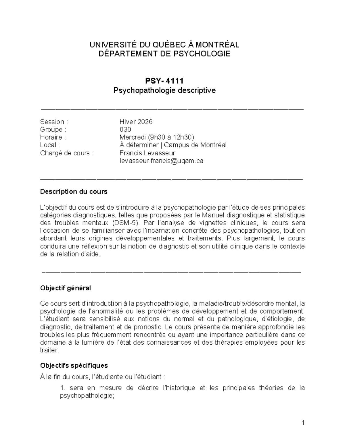 Psy4111 - Psychopathologie Descriptive: Cours et Objectifs Hiver 2026 ...