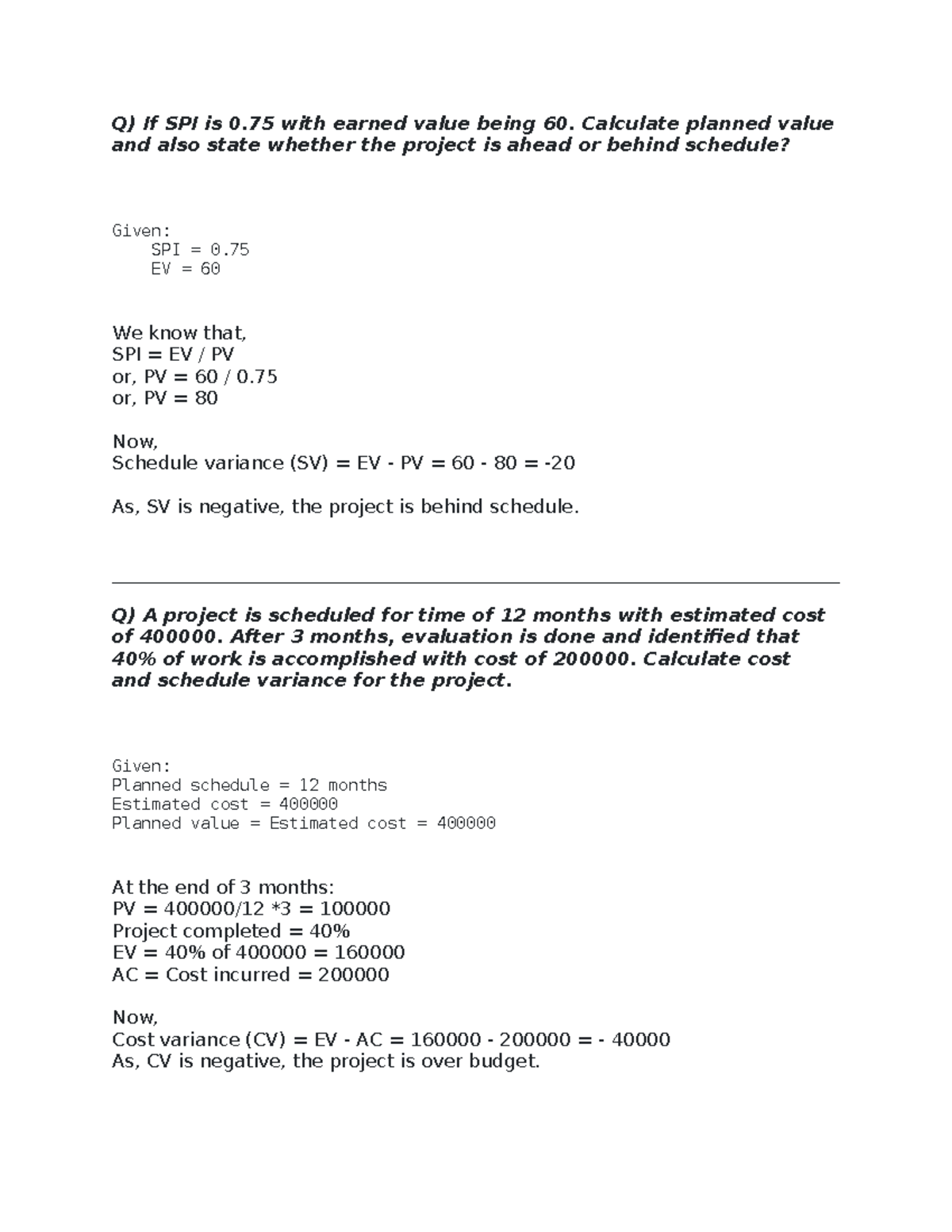 Project Management Analysis: SPI, CV, and SV Calculations - Studocu