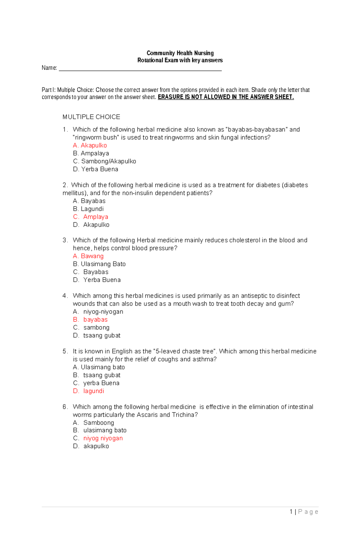 Community Health Nursing CHN Rotational Exam Key Answers - Studocu
