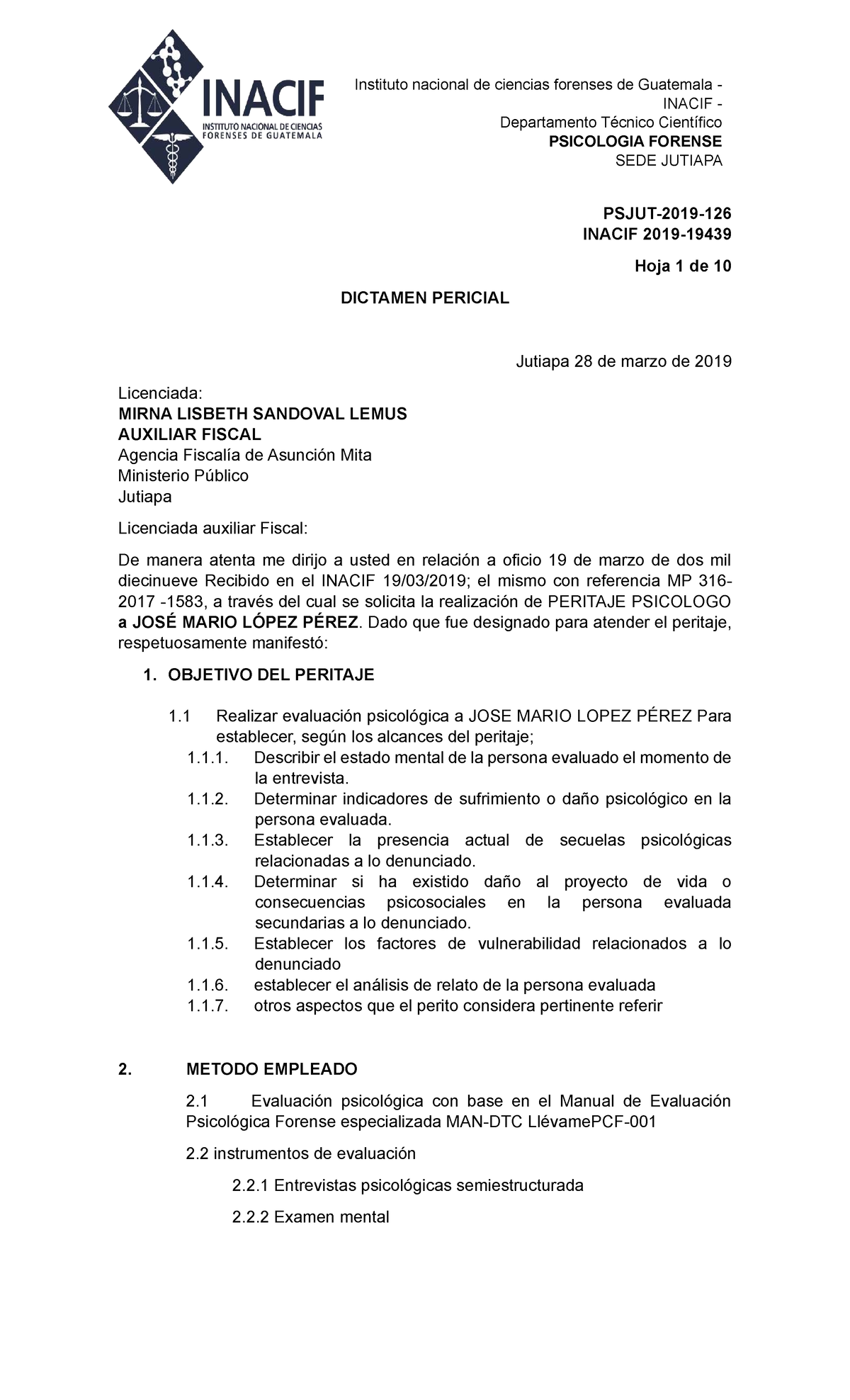 Dictamen Pericial en Psicología Forense - INACIF Jutiapa 2019 - Studocu